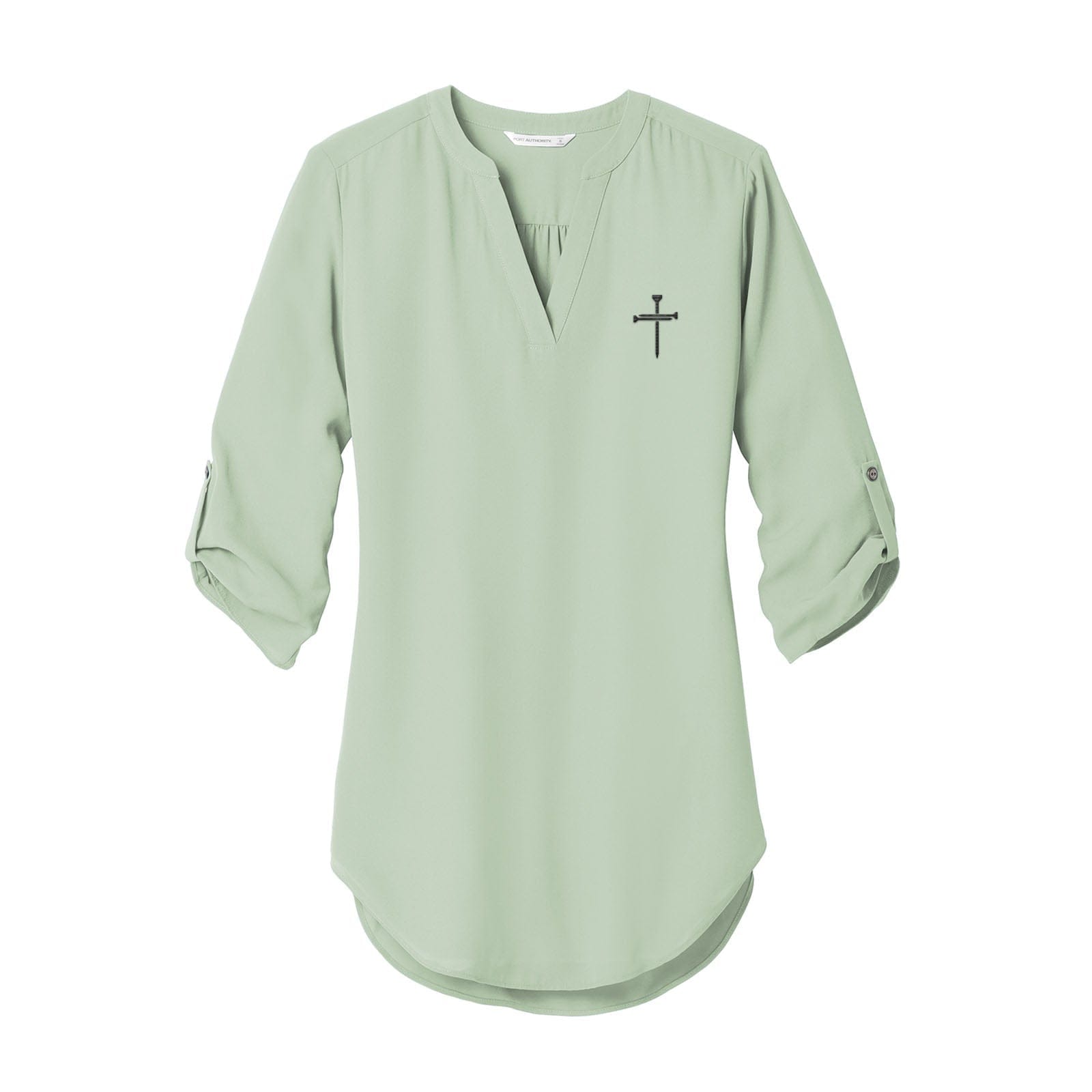 EDGE Printed Products Apparel 3/4-Sleeve Tunic Blouse / Misty Sage / XS Nail Cross Women's 3/4 Sleeve Tunic Blouse