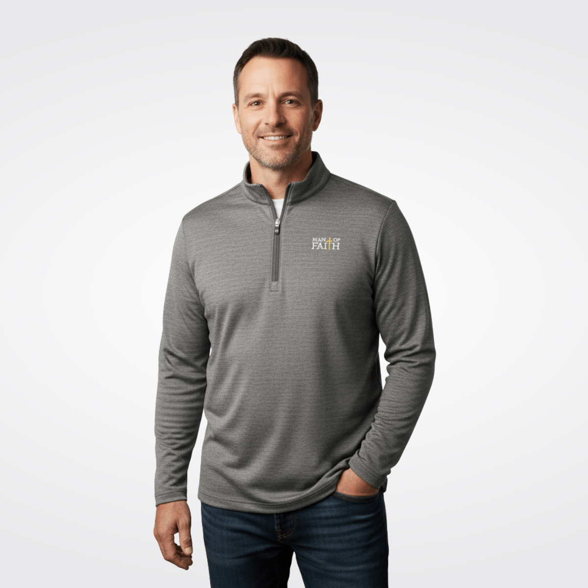 EDGE Printed Products Apparel Grey Heather / S Man Of Faith TravisMathew Crestview 1/4-Zip Pullover