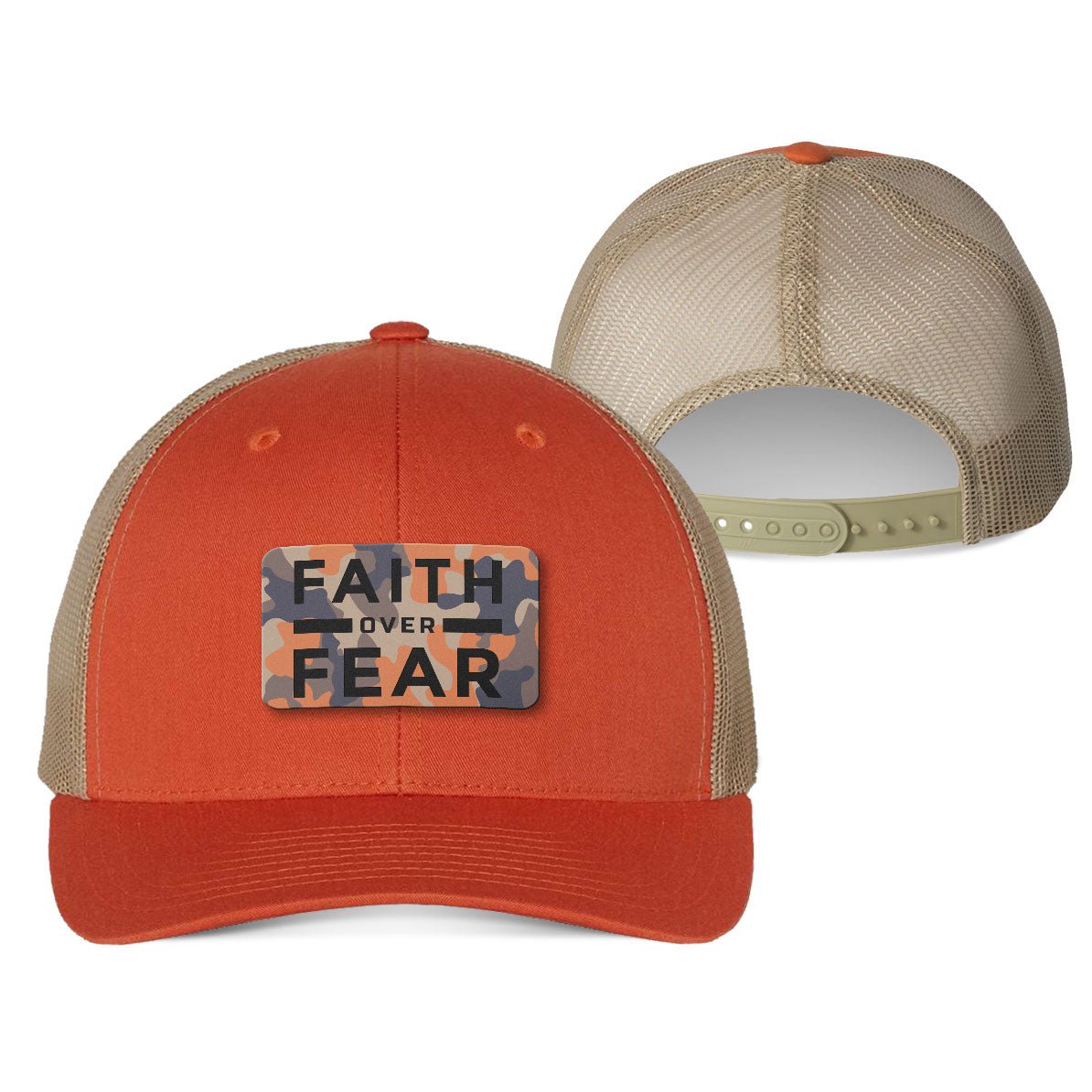 Faith Over Fear Orange Camo Patch Fall Collection Hats - Our True God