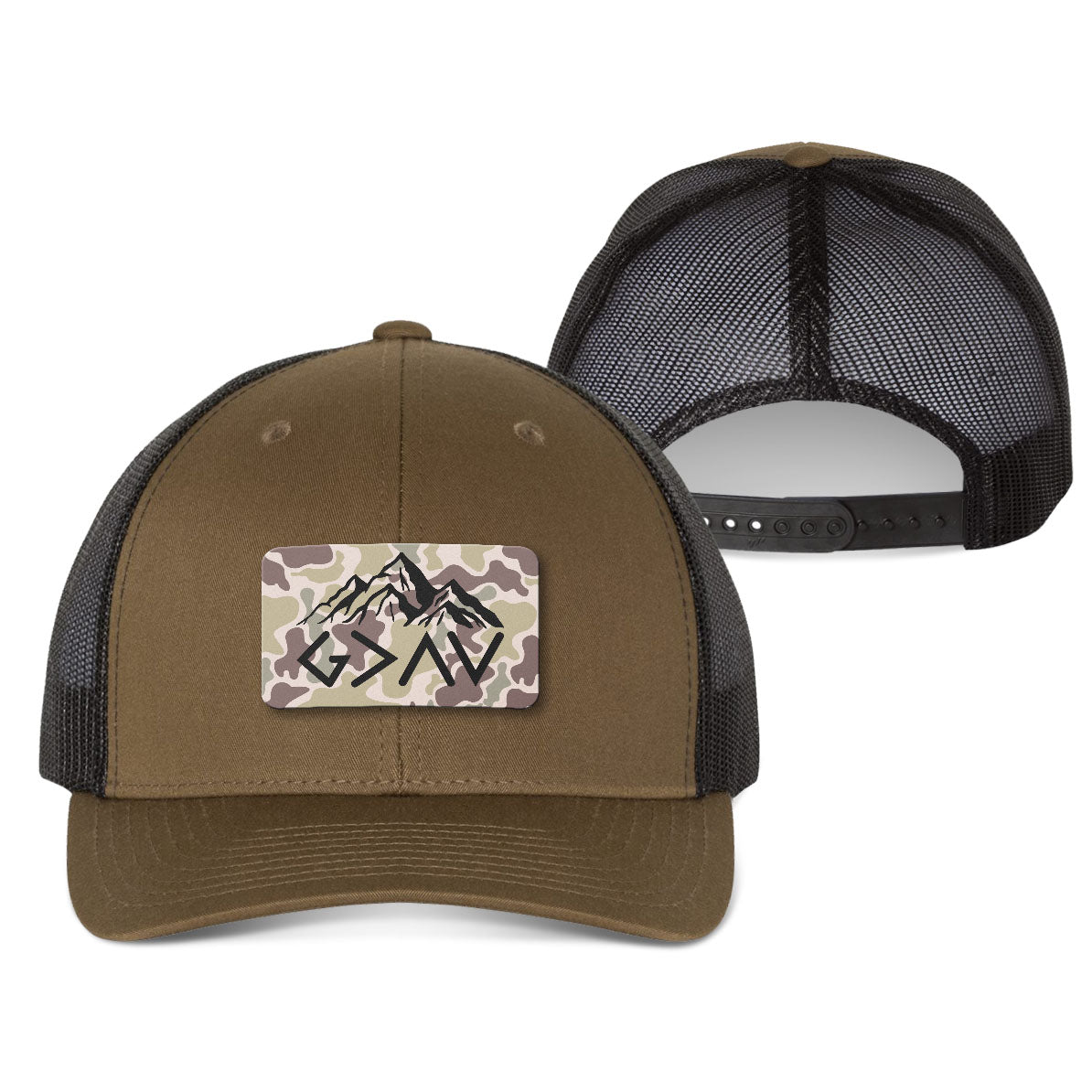 God Is Greater Than The Highs And Lows Mountain Duck Camo Patch Fall Collection Hats - Our True God