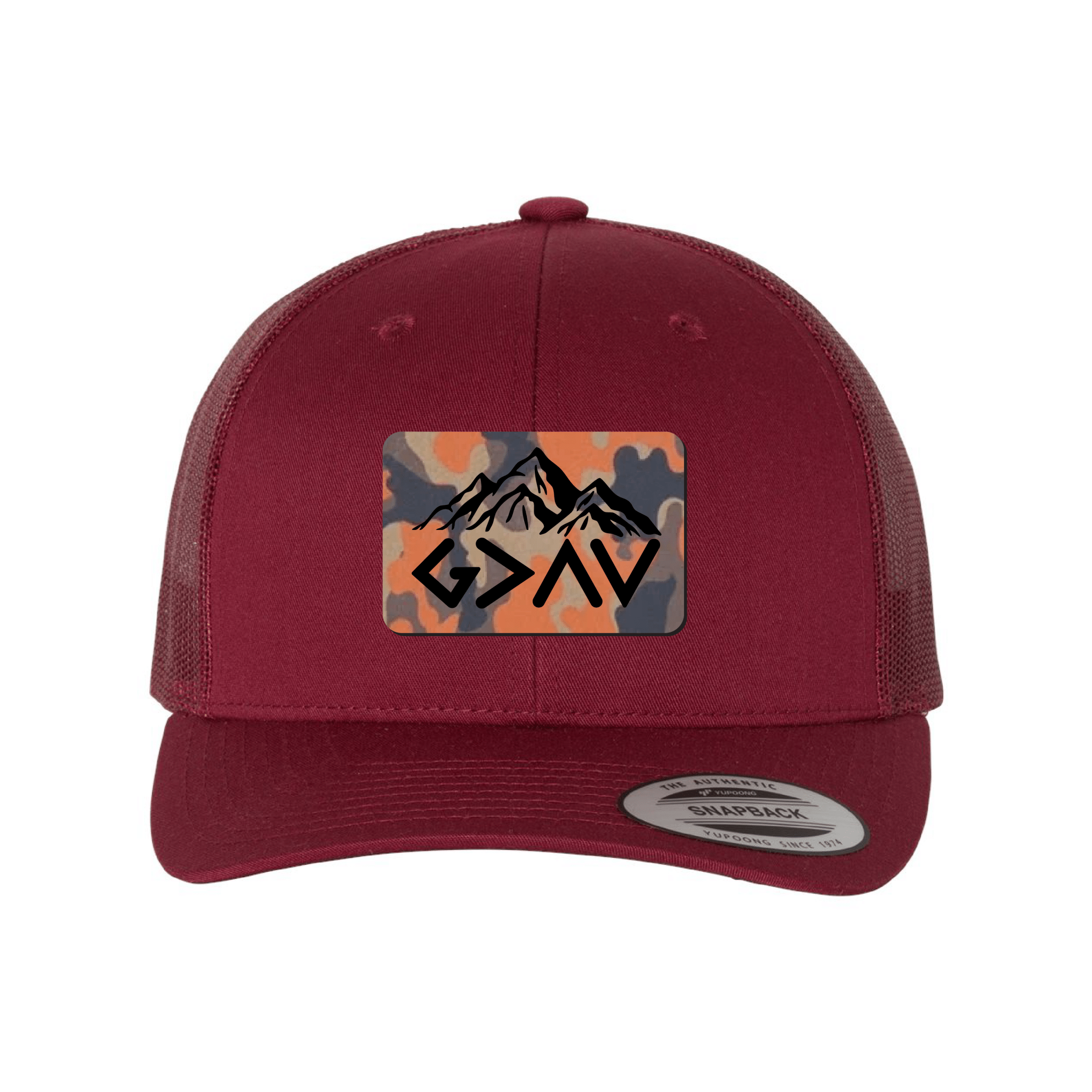 God Is Greater Than The Highs And Lows Mountain Orange Camo Patch Fall Collection Hats - Our True God
