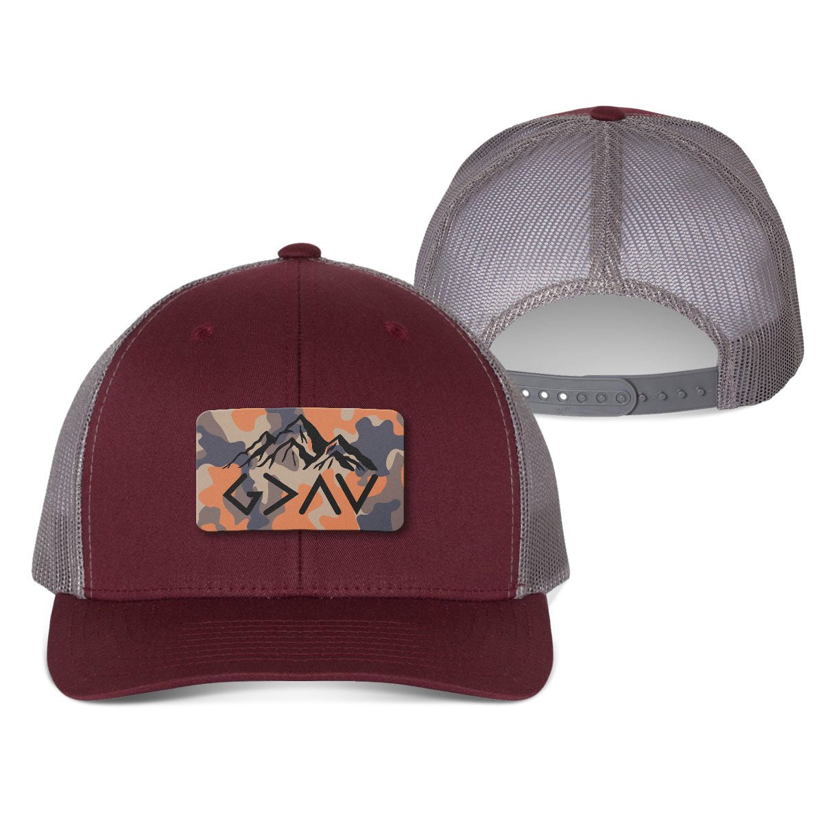God Is Greater Than The Highs And Lows Mountain Orange Camo Patch Fall Collection Hats - Our True God