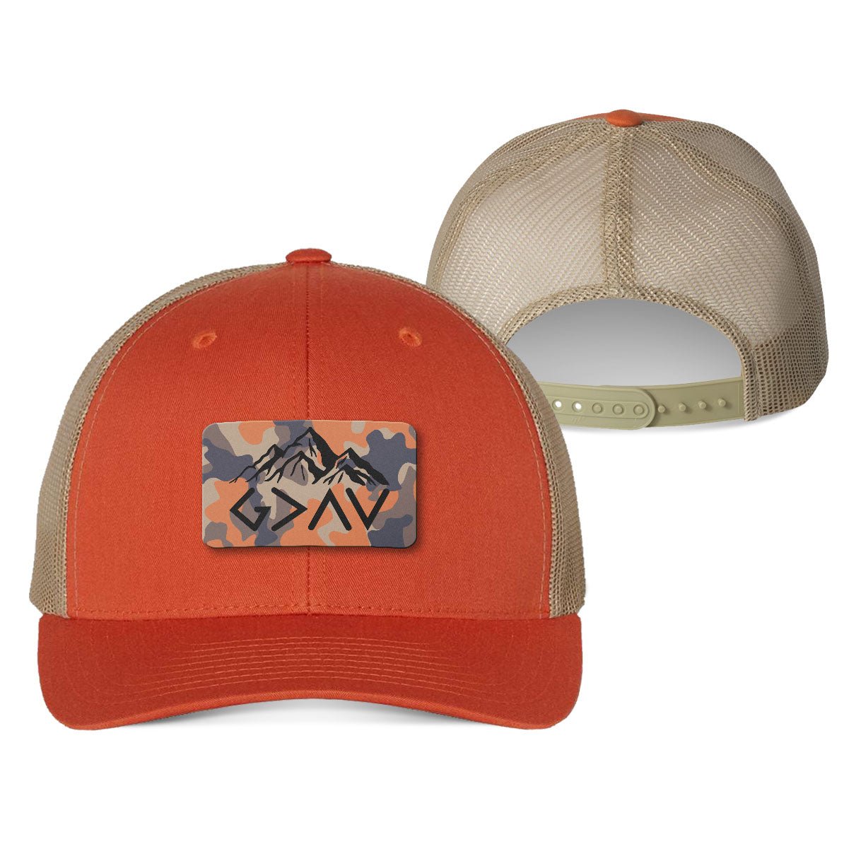 God Is Greater Than The Highs And Lows Mountain Orange Camo Patch Fall Collection Hats - Our True God