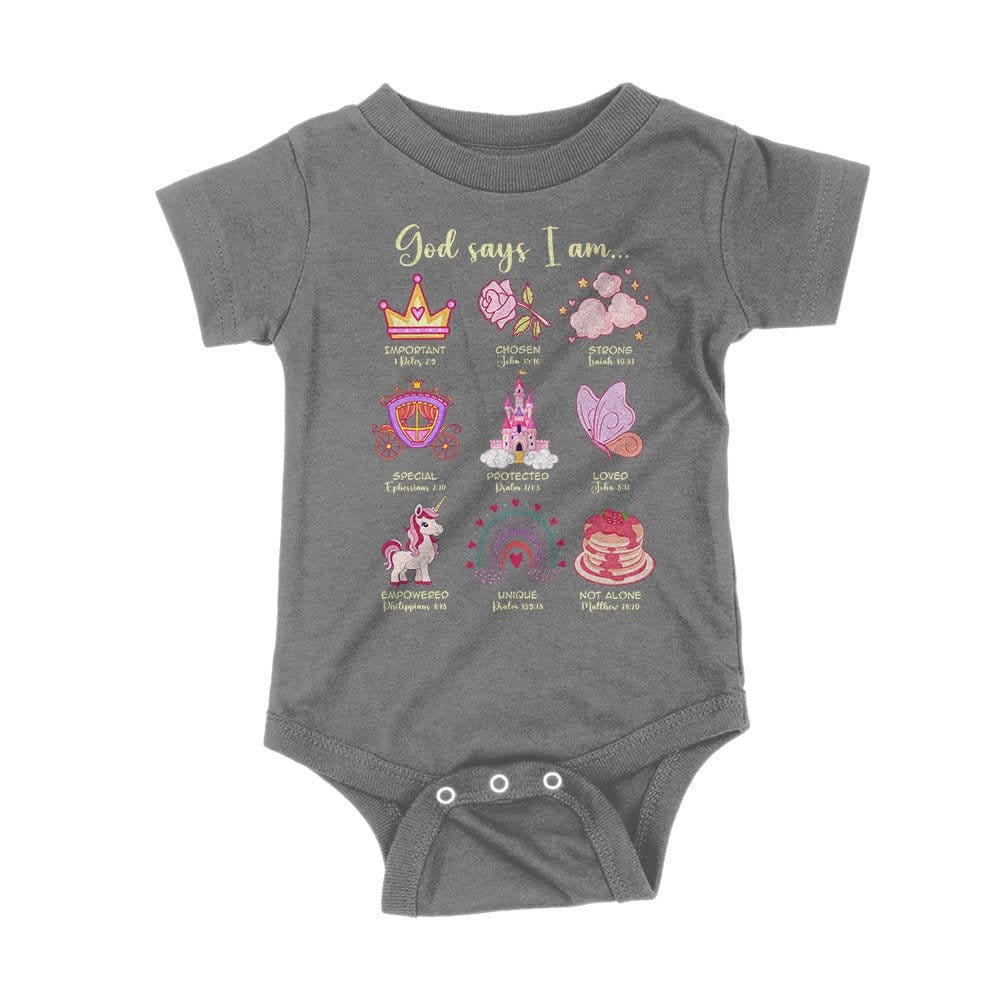 Our True God Apparel Onesie / Charcoal / NB God Says I Am Kids Shirts