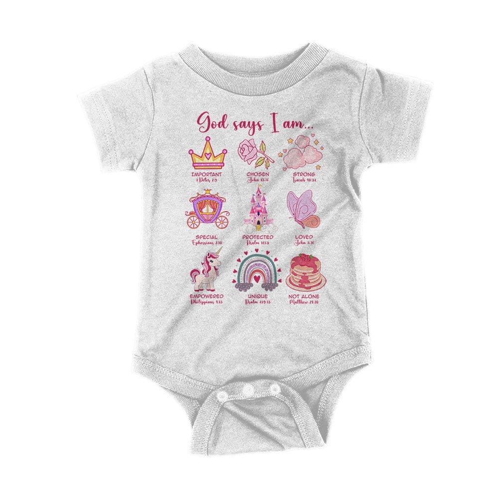 Our True God Apparel Onesie / White / NB God Says I Am Kids Shirts