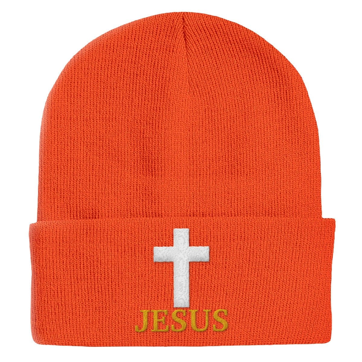 Our True God Hat Cuffed Beanies / Orange / One Size Jesus Cross Beanies