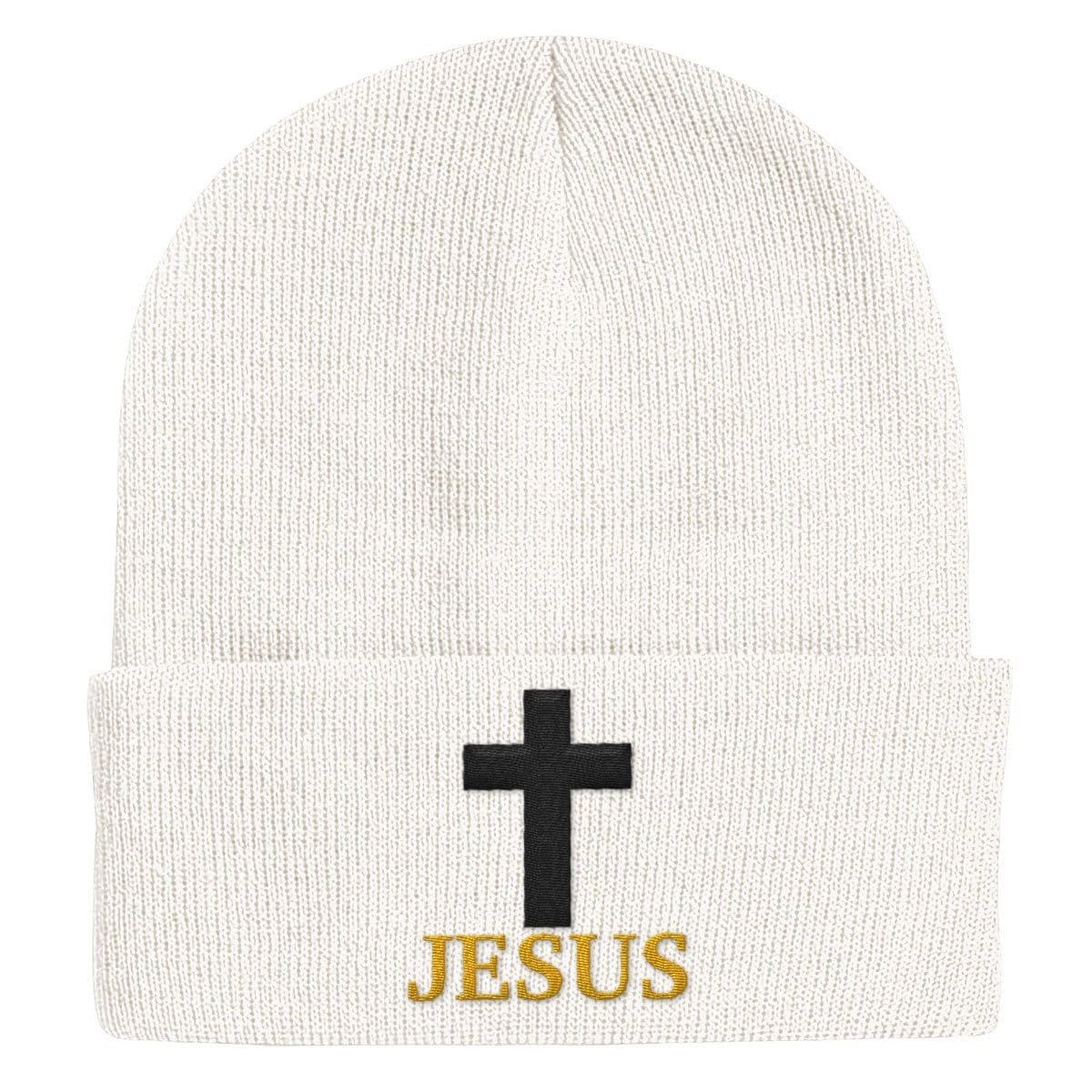 Our True God Hat Cuffed Beanies / White / One Size Jesus Cross Beanies