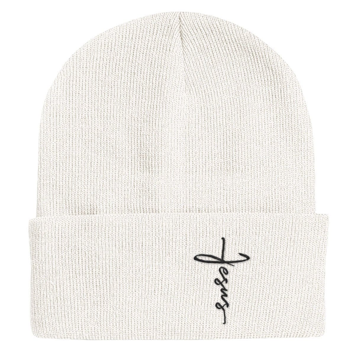 Our True God Hat Cuffed Beanies / White / One Size Jesus Cross Lower Left Beanies