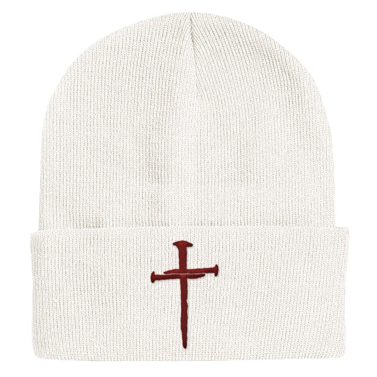 Our True God Hat Cuffed Beanies / White / One Size Nail Cross Maroon Beanies