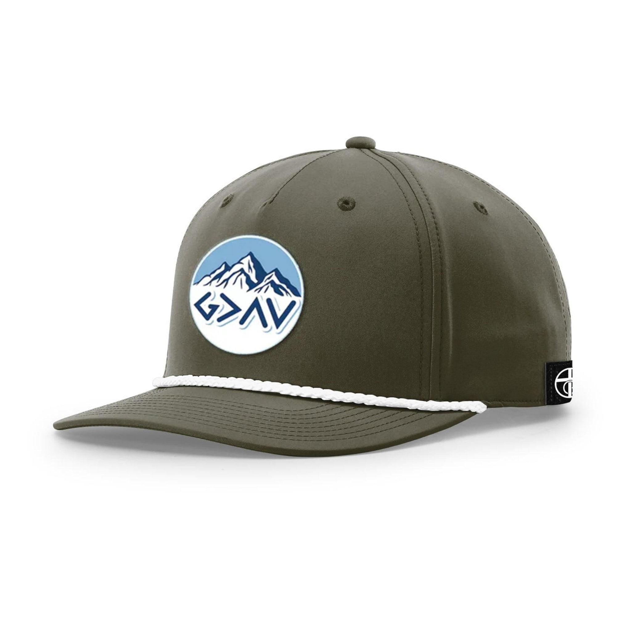 Our True God Hat Five Panel Classic / Dark Olive Green and White / One Size God Is Greater Than The Highs And Lows Mountain Circle Patch Rope Hats