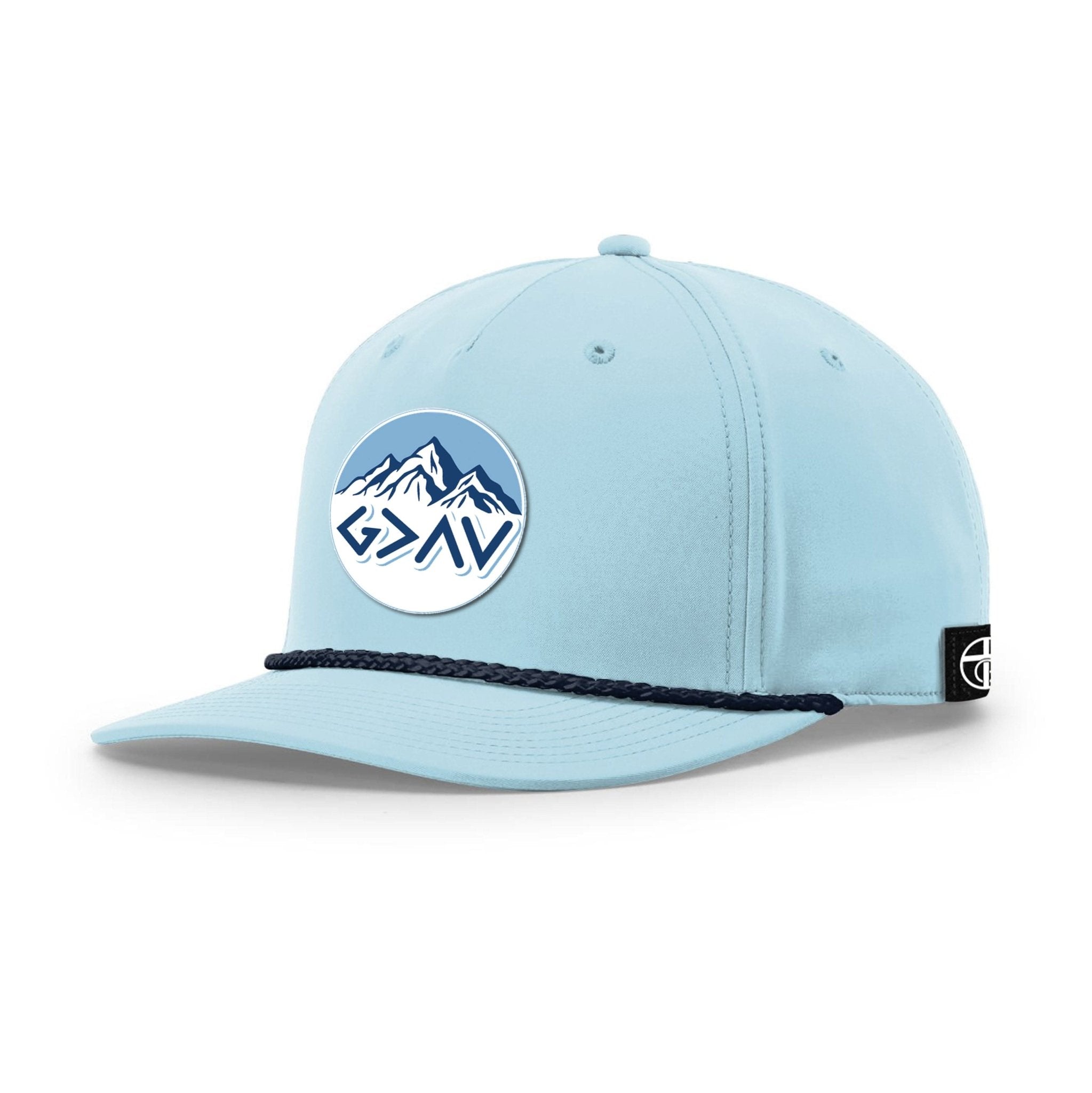 Our True God Hat Five Panel Classic / Soft Blue and Navy / One Size God Is Greater Than The Highs And Lows Mountain Circle Patch Rope Hats