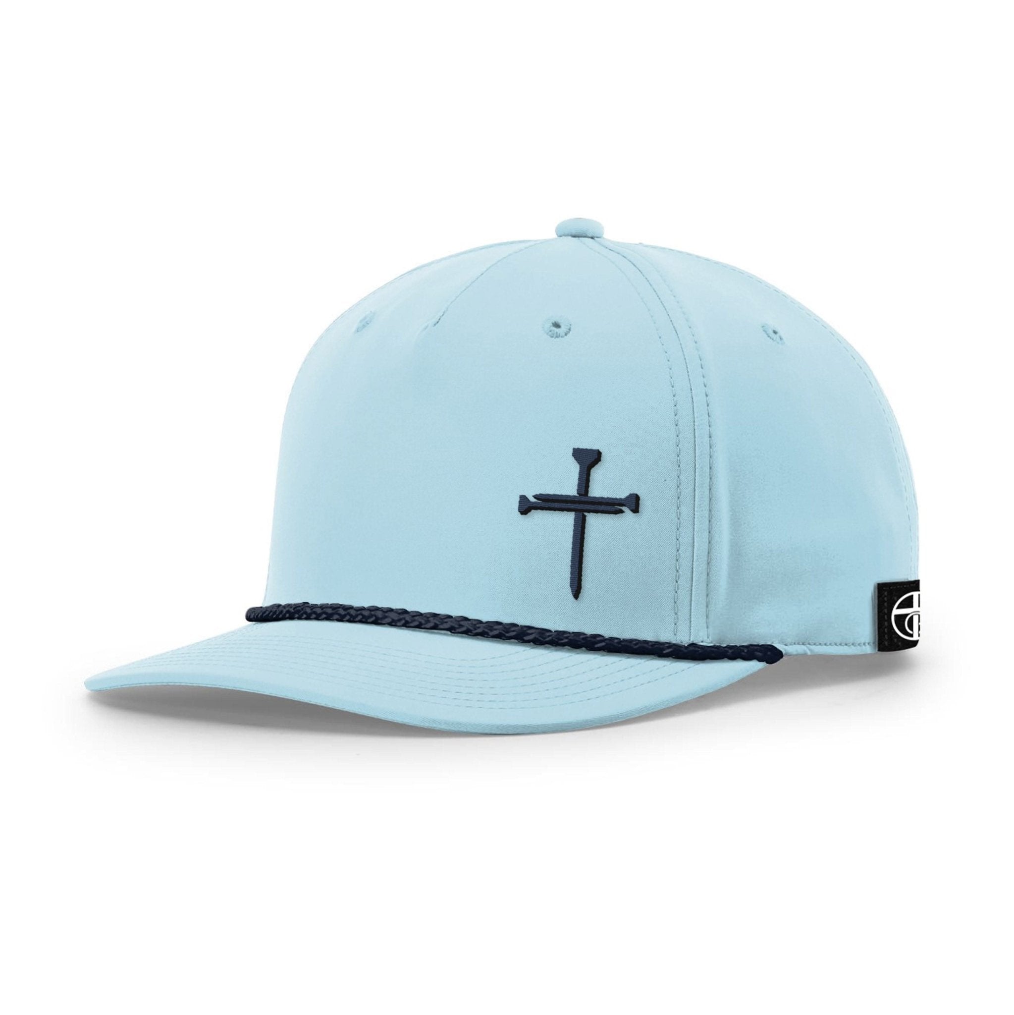 Our True God Hat Five Panel Classic / Soft Blue and Navy / One Size Nail Cross Lower Left Rope Hats
