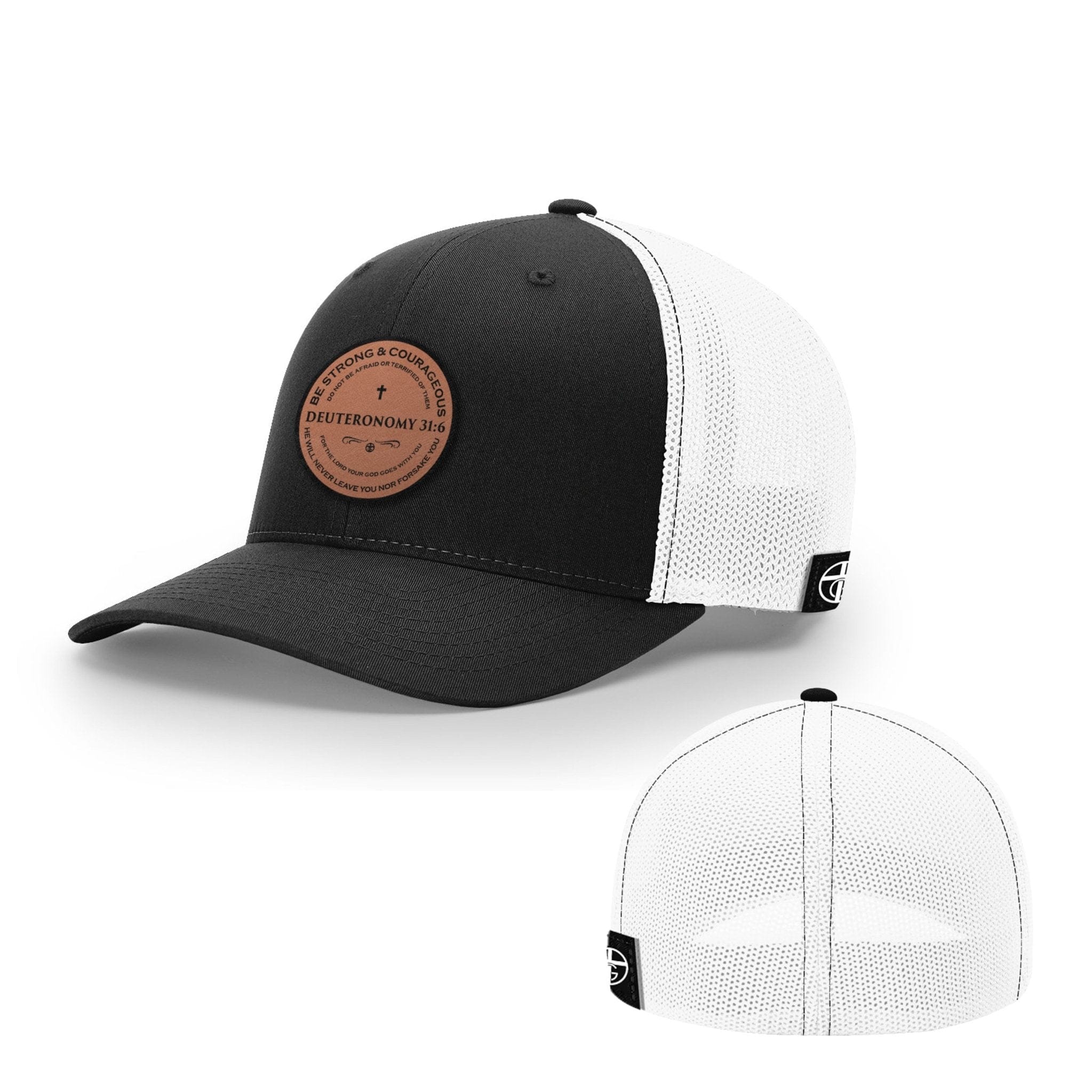 Our True God Hat Flexfit / Black and White / S/M Deuteronomy 31:6 Circle Leather Patch Hats