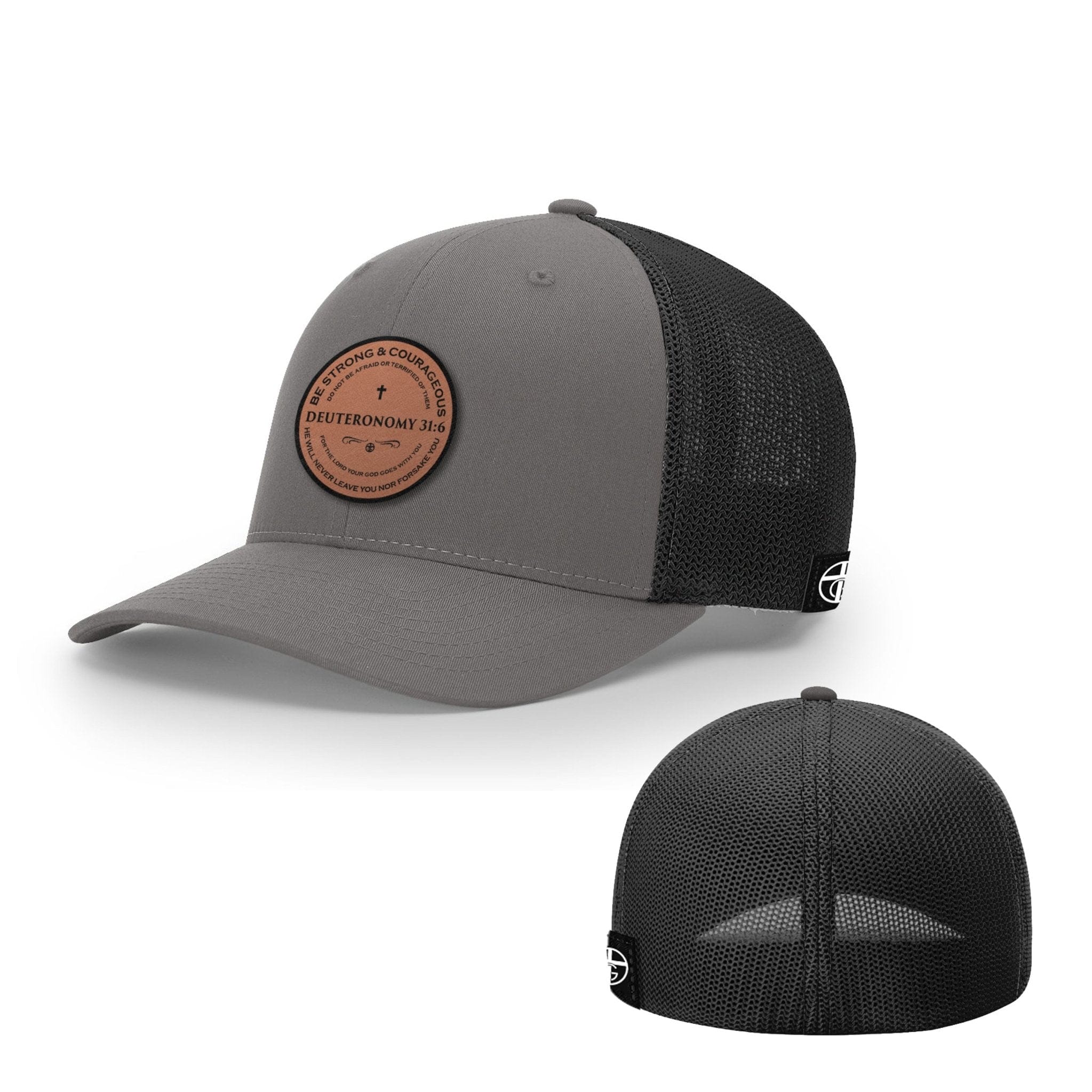 Our True God Hat Flexfit / Charcoal and Black / S/M Deuteronomy 31:6 Circle Leather Patch Hats