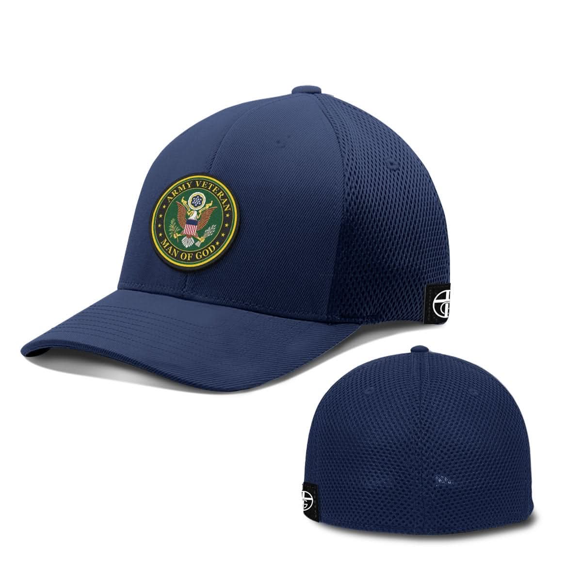 Our True God Hat Flexfit / Deep Navy / S/M Army Veteran -Man Of God Patch Hats