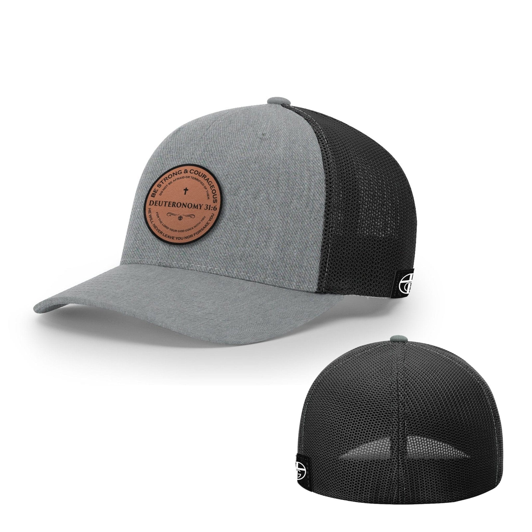 Our True God Hat Flexfit / Heather and Black / S/M Deuteronomy 31:6 Circle Leather Patch Hats
