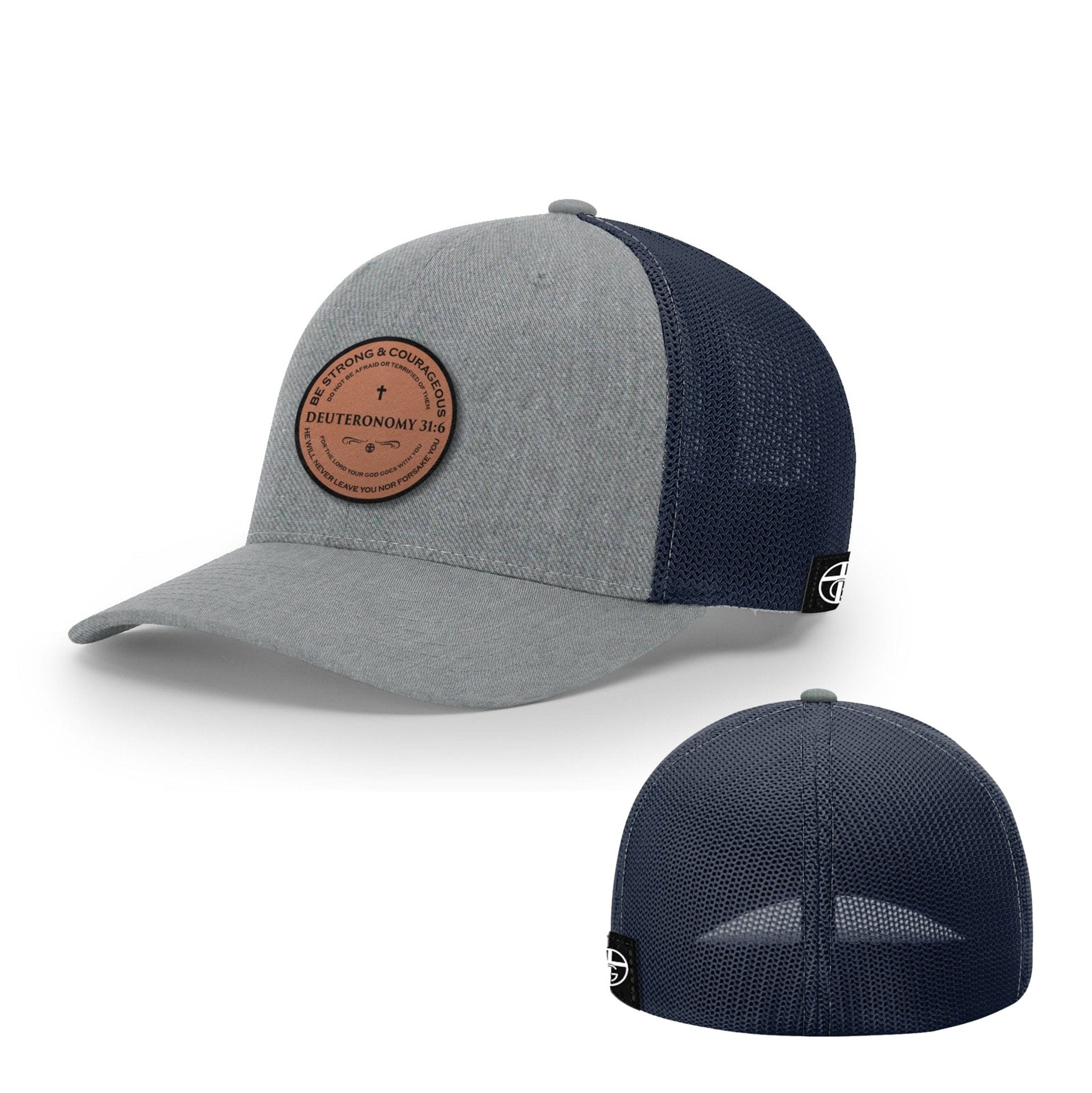 Our True God Hat Flexfit / Heather and Navy / S/M Deuteronomy 31:6 Circle Leather Patch Hats