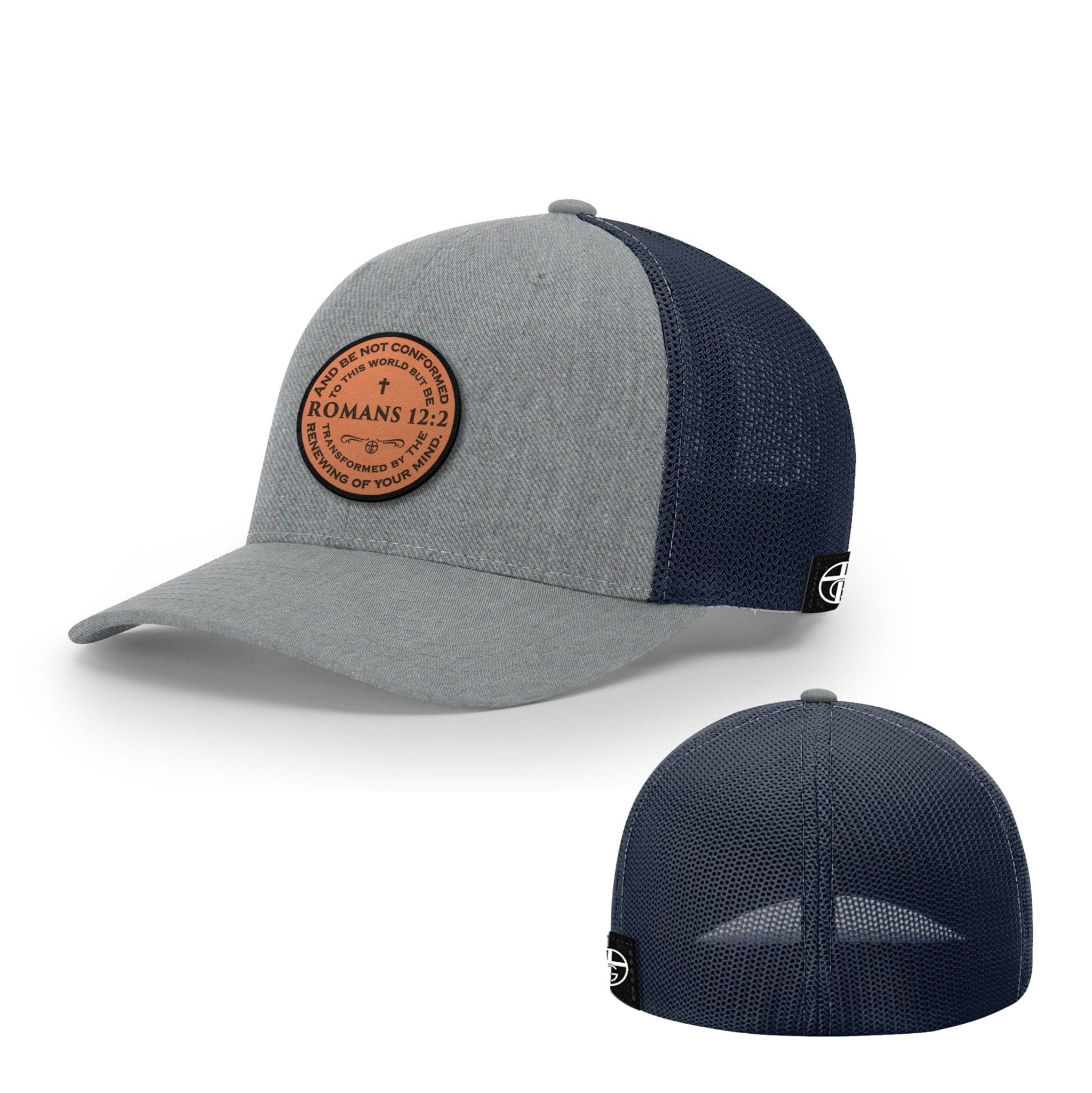 Our True God Hat Flexfit / Heather and Navy / S/M Romans 12:2 Circle Leather Patch Hats
