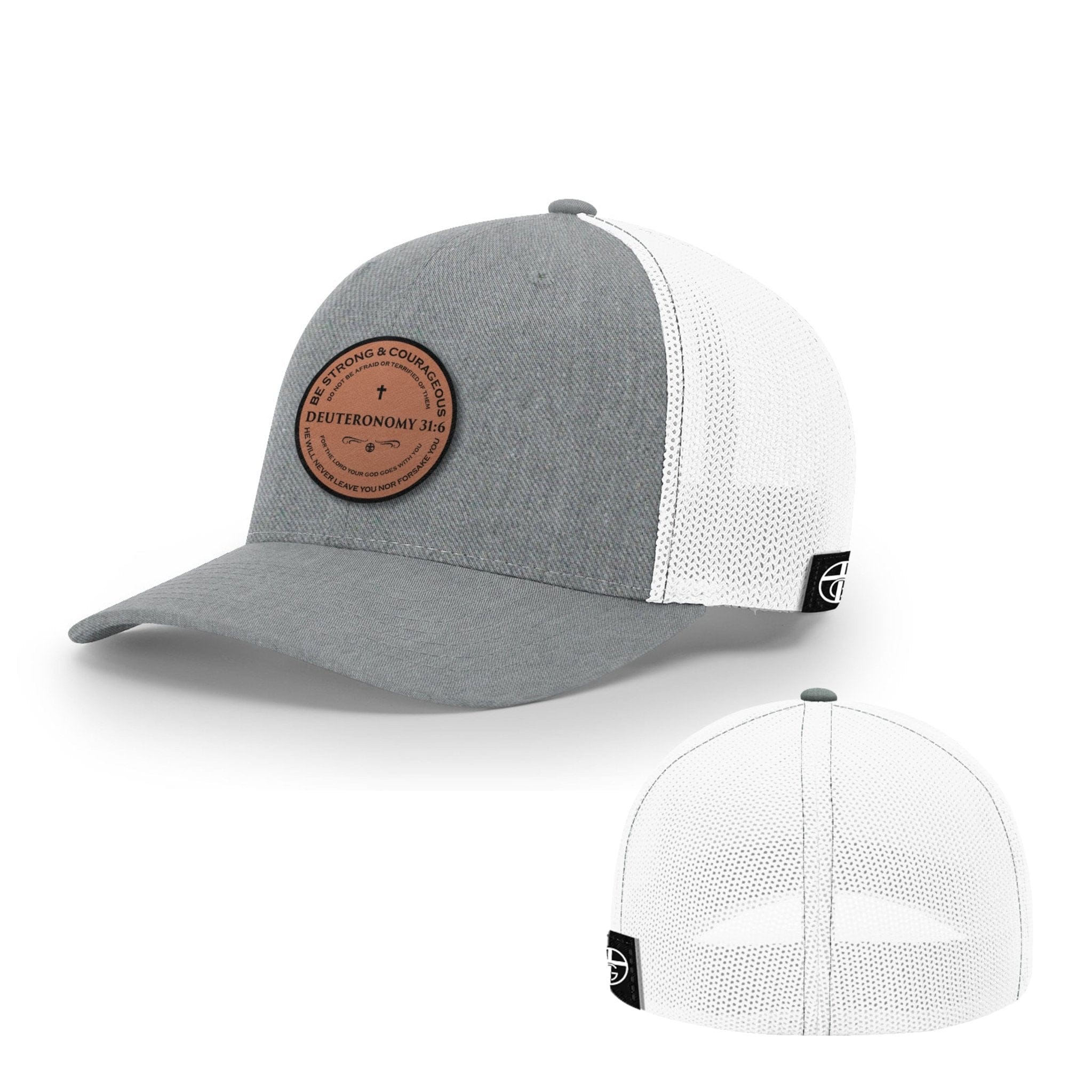 Our True God Hat Flexfit / Heather and White / S/M Deuteronomy 31:6 Circle Leather Patch Hats