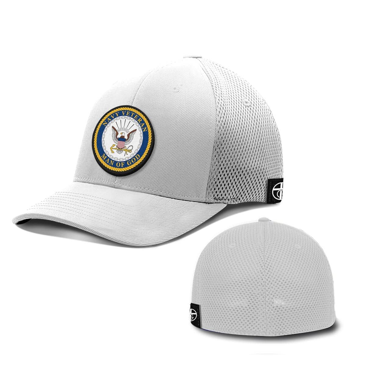 Our True God Hat Flexfit / White / S/M Navy Veteran -Man Of God Patch Hats