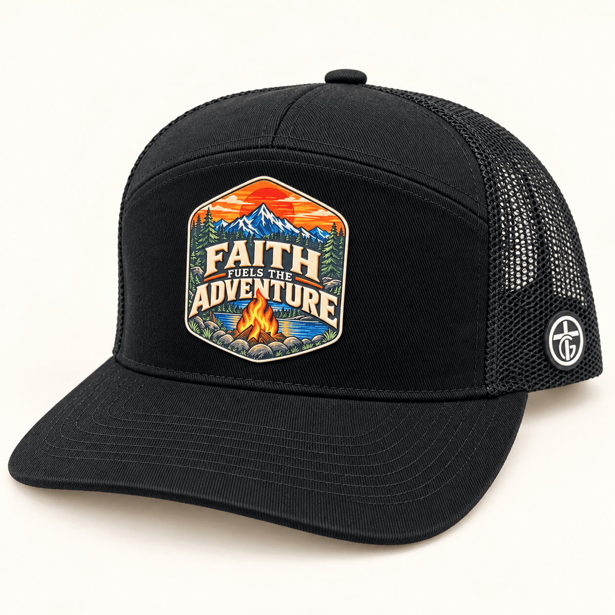 Our True God Hat Full Black Faith Fuels the Adventure Trucker Hat