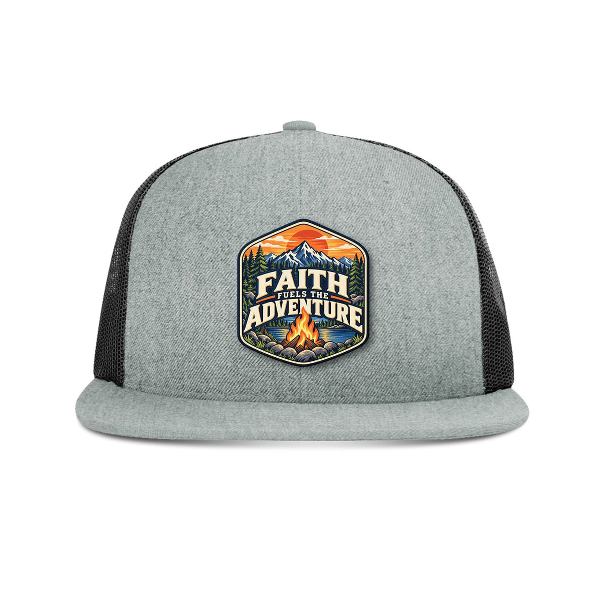 Our True God Hat Heather Grey and Black Faith Fuels the Adventure Trucker Hat