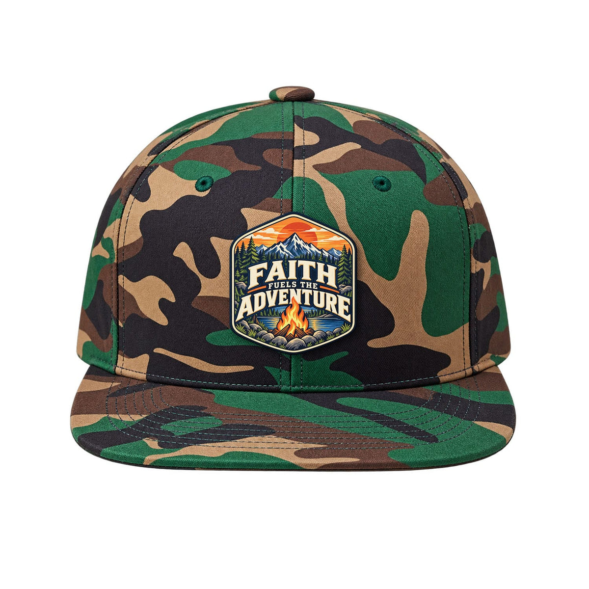 Our True God Hat Heritage Camo Faith Fuels the Adventure Trucker Hat