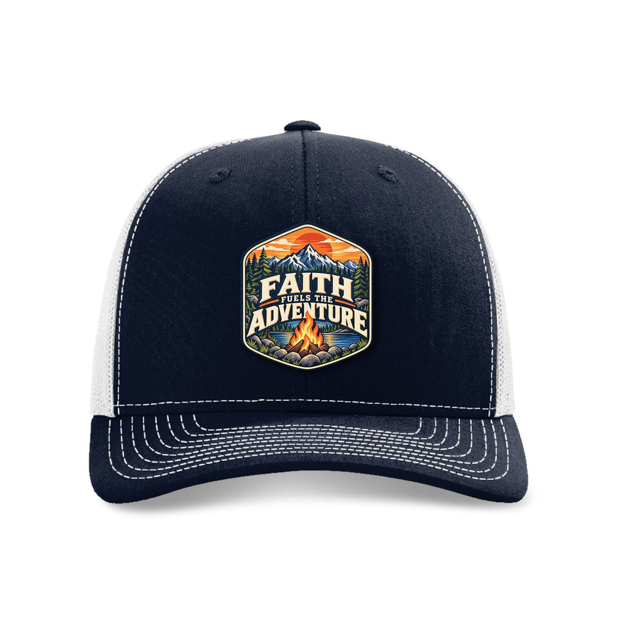 Our True God Hat Navy And White Faith Fuels the Adventure Trucker Hat