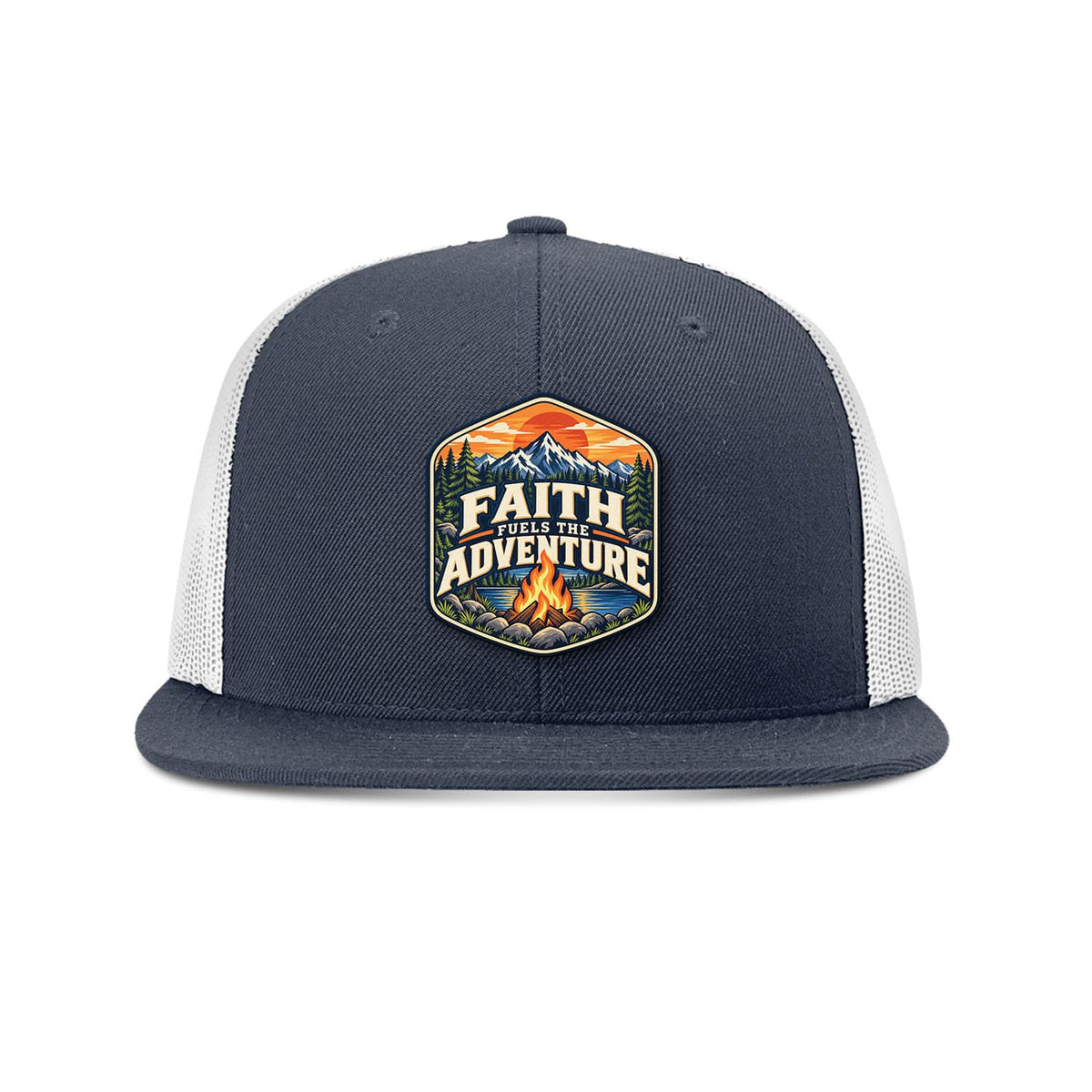 Our True God Hat Navy and White Faith Fuels the Adventure Trucker Hat
