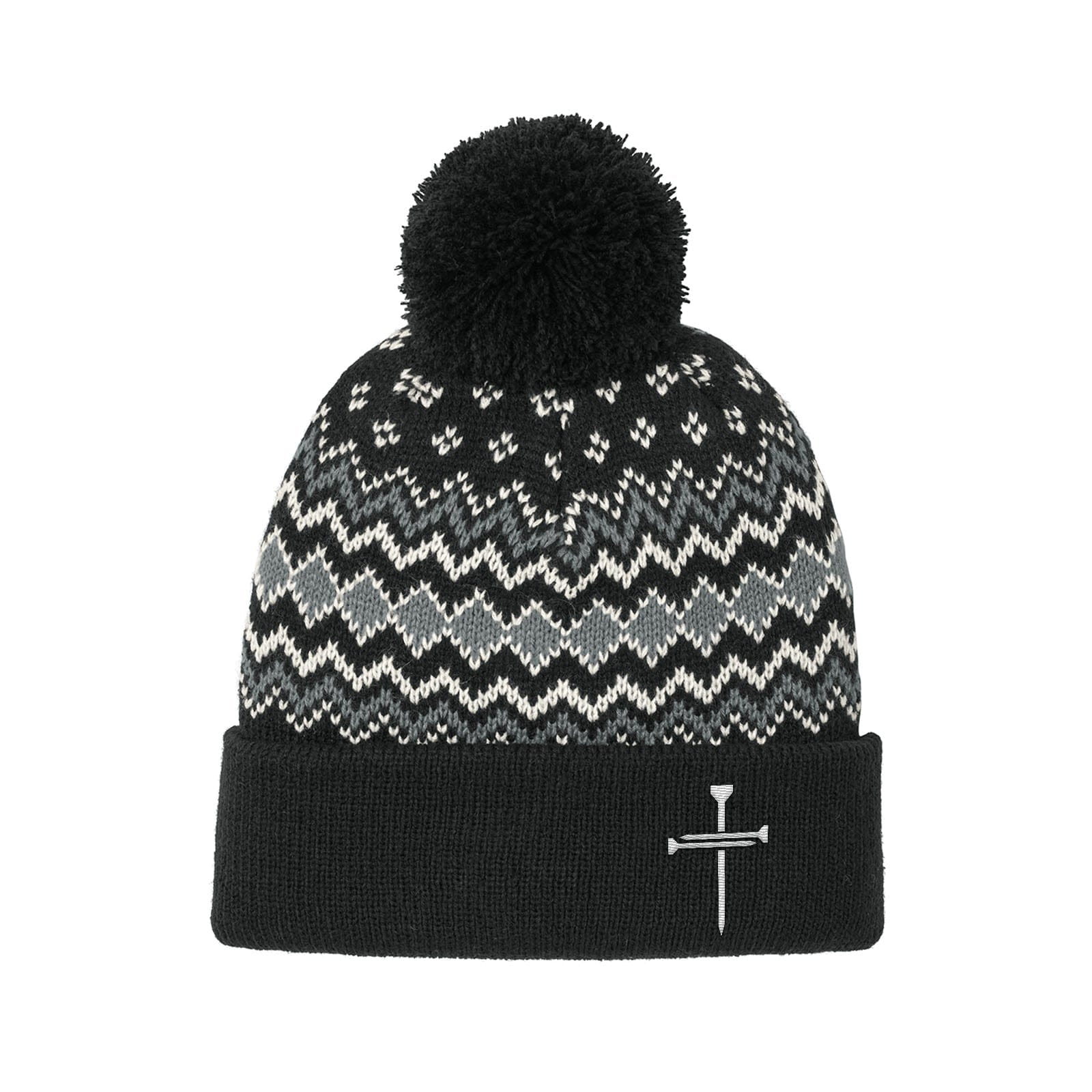 Our True God Hat Printed Pom Beanies / Deep Black and Gusty Grey and Marshmallow / One Size Nail Cross Lower Left Knit Pom Beanies