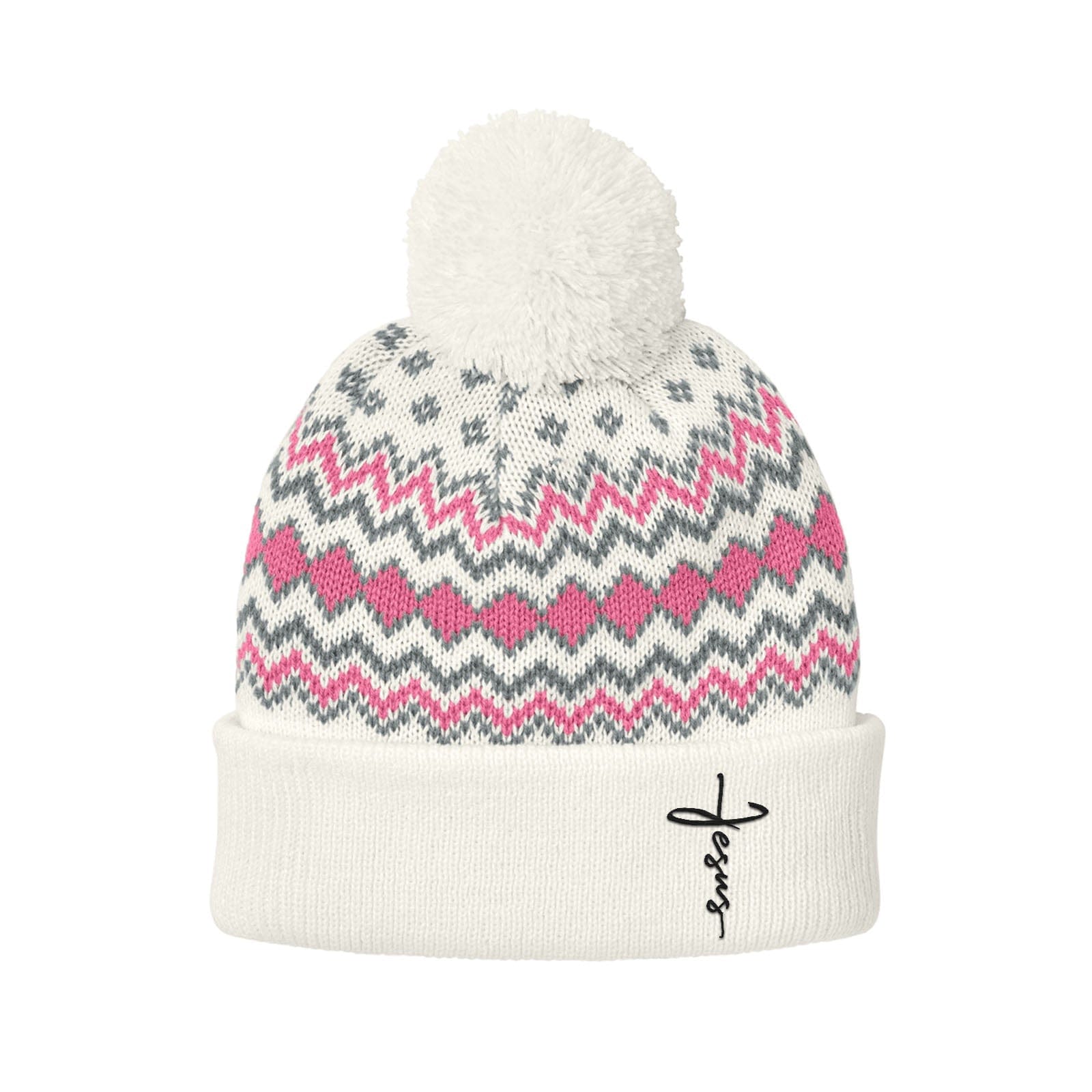 Our True God Hat Printed Pom Beanies / Marshmallow and Pink and Gusty Grey / One Size Jesus Cross Lower Left Knit Pom Beanies