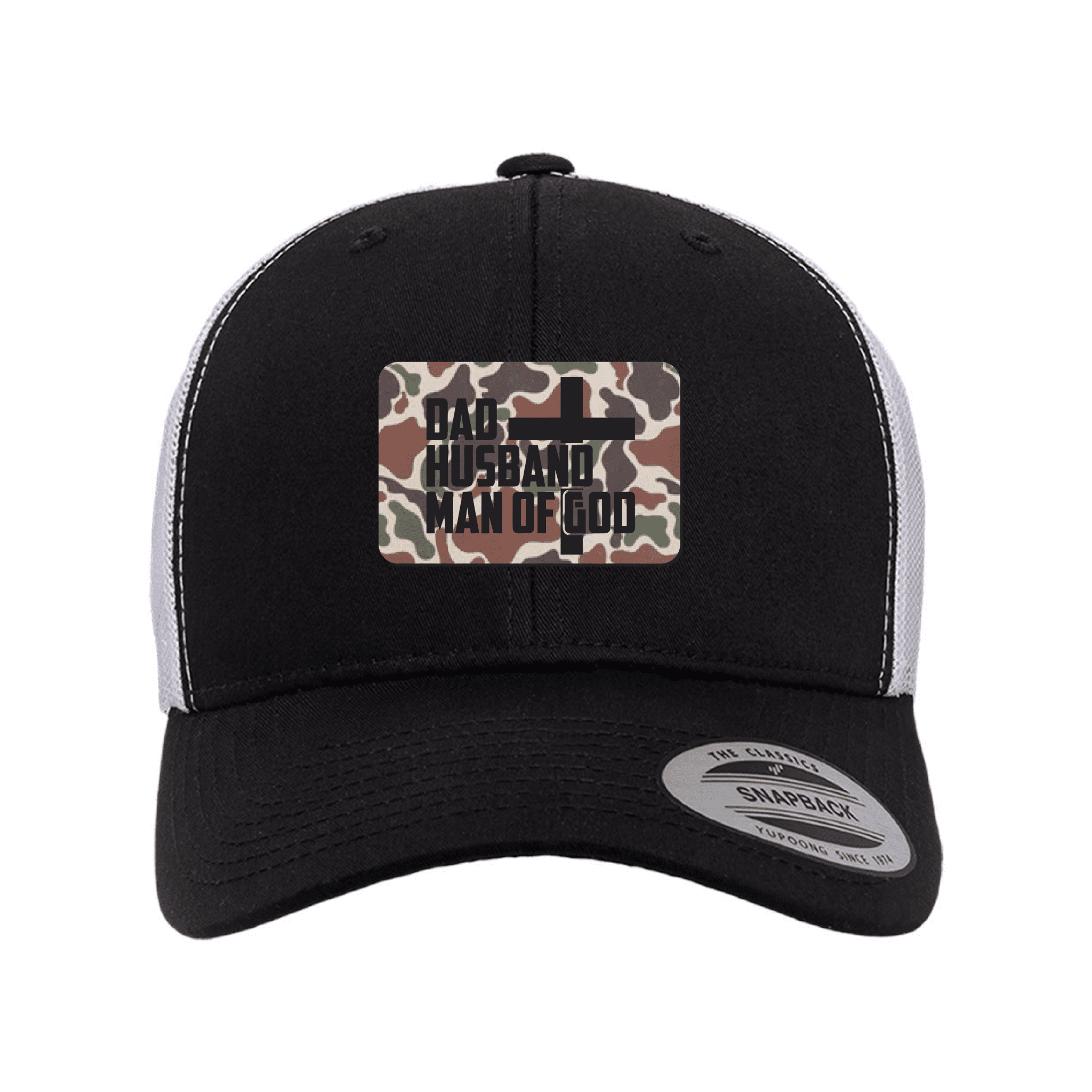 Our True God Hat Snapback / Black and White / One Size Dad, Husband, Man of God Fowl Play Camo Patch Fall Collection Hats