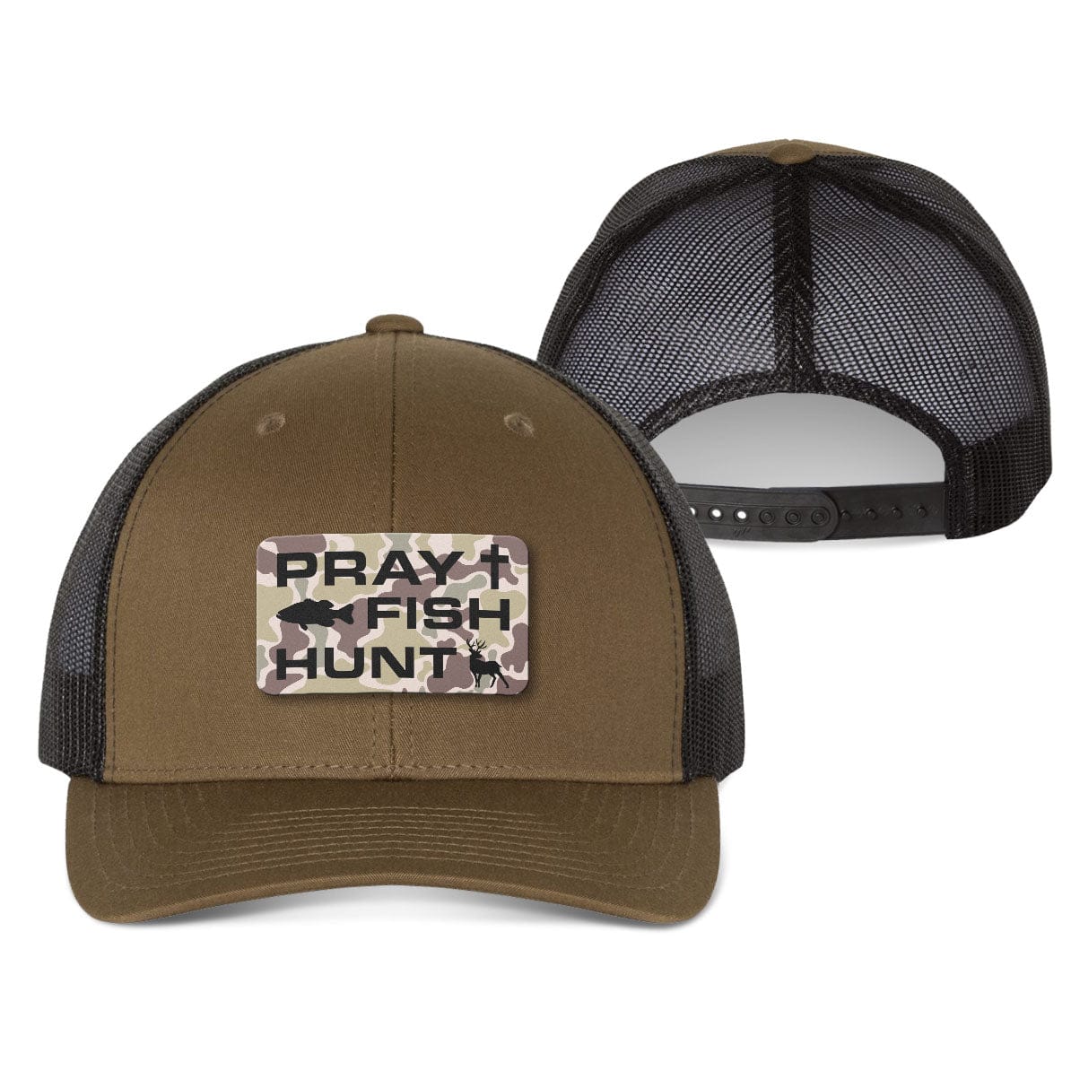 Our True God Hat Snapback / Coyote Brown and Black / One Size Pray Fish Hunt Duck Camo Patch Fall Collection Hats