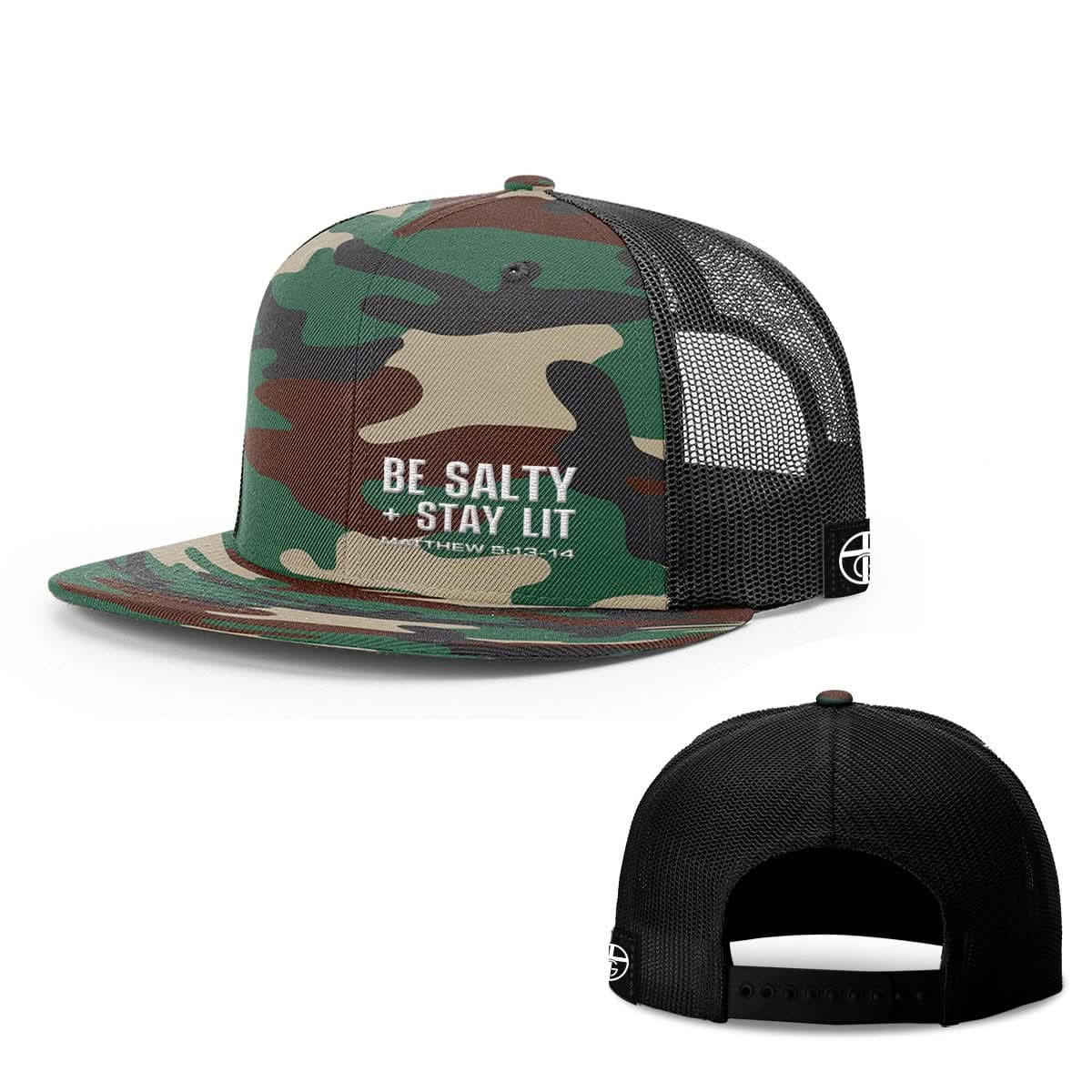 Our True God Hat Snapback Flatbill / Green Camo and Black / One Size Be Salty + Stay Lit Lower Left Hats