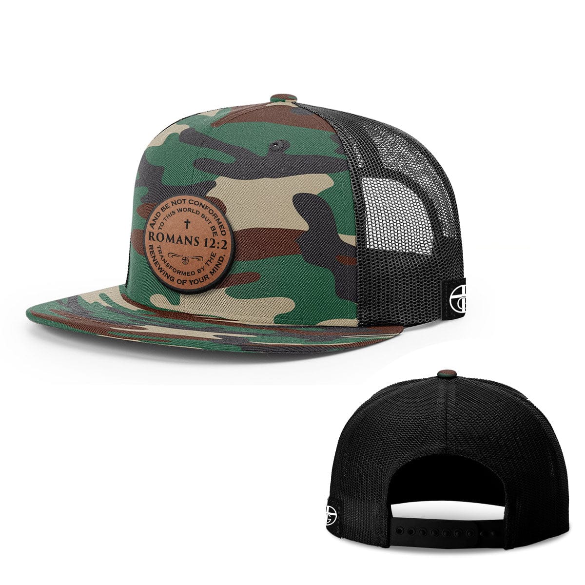 Our True God Hat Snapback Flatbill / Green Camo and Black / One Size Romans 12:2 Circle Leather Patch Hats