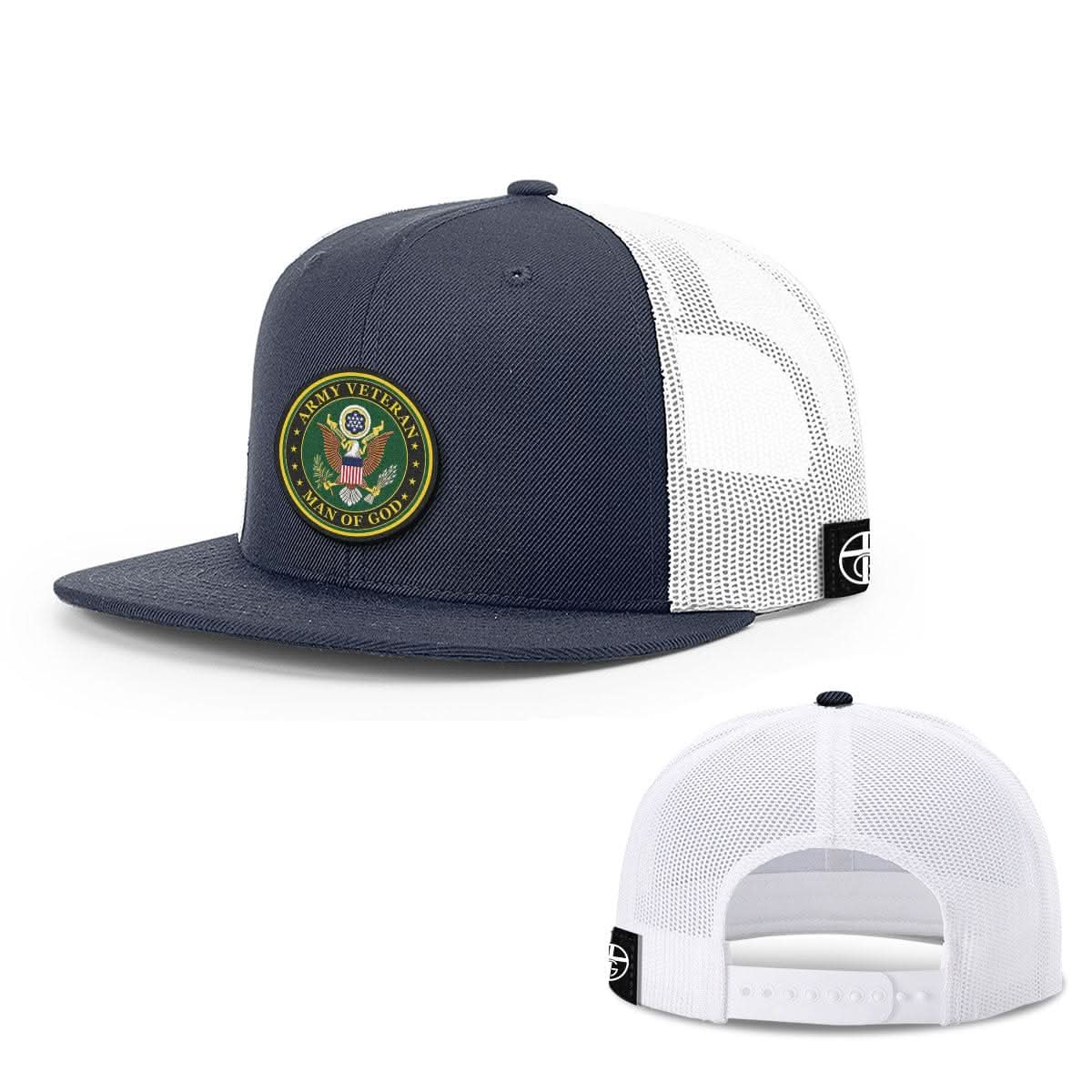 Our True God Hat Snapback Flatbill / Navy and White / One Size Army Veteran -Man Of God Patch Hats