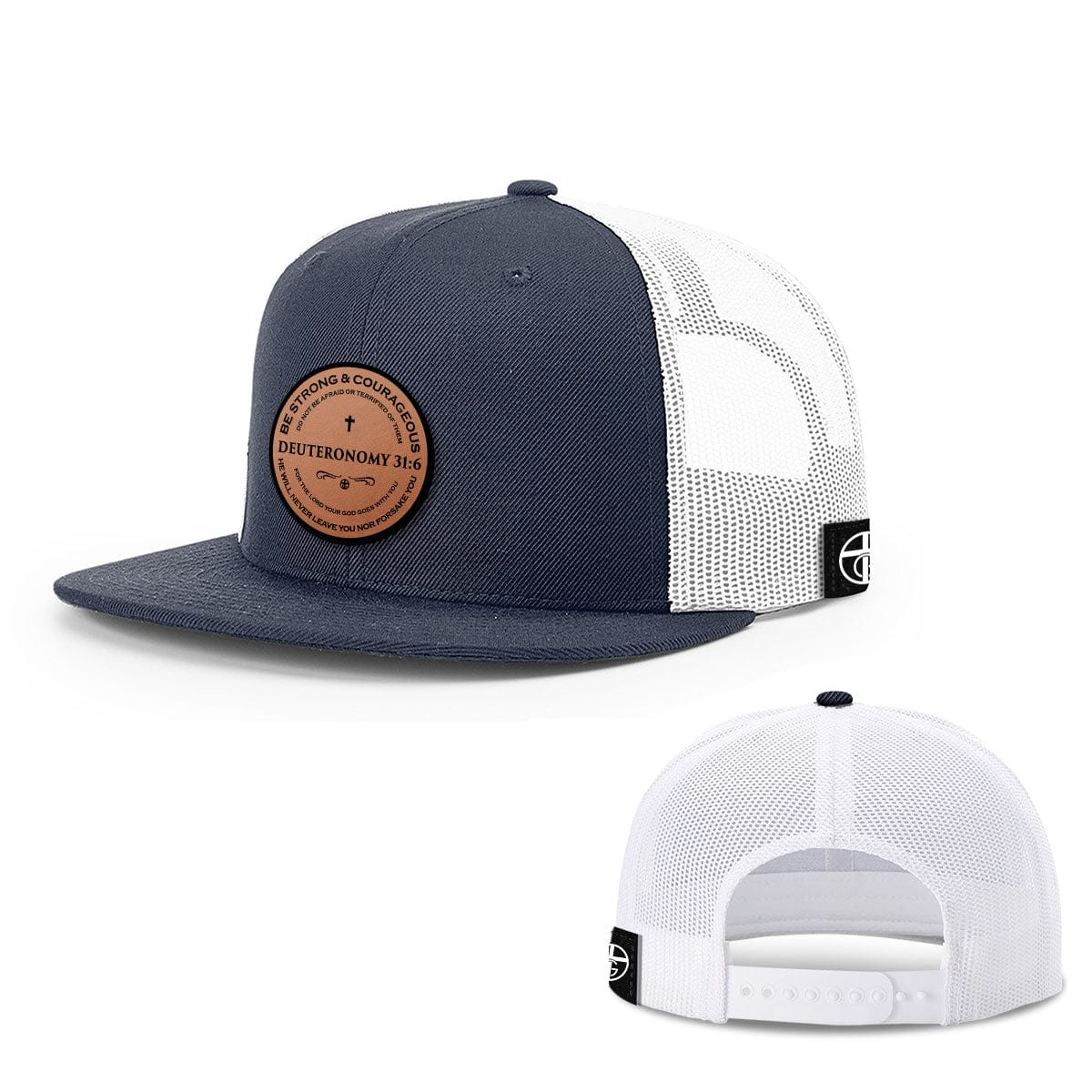 Our True God Hat Snapback Flatbill / Navy and White / One Size Deuteronomy 31:6 Circle Leather Patch Hats