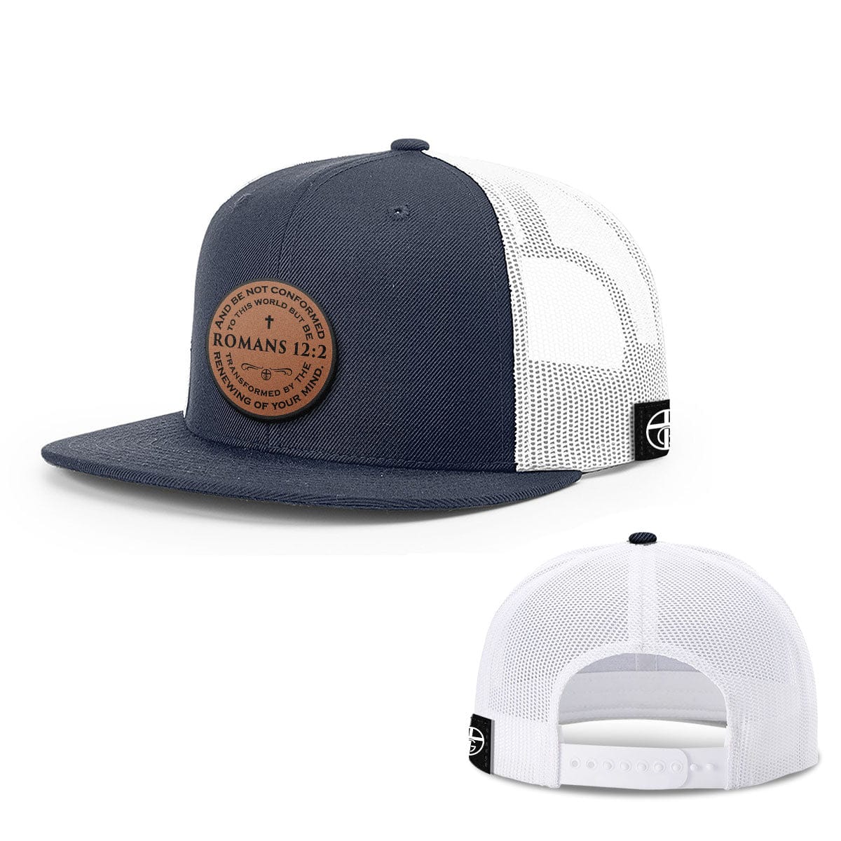 Our True God Hat Snapback Flatbill / Navy and White / One Size Romans 12:2 Circle Leather Patch Hats