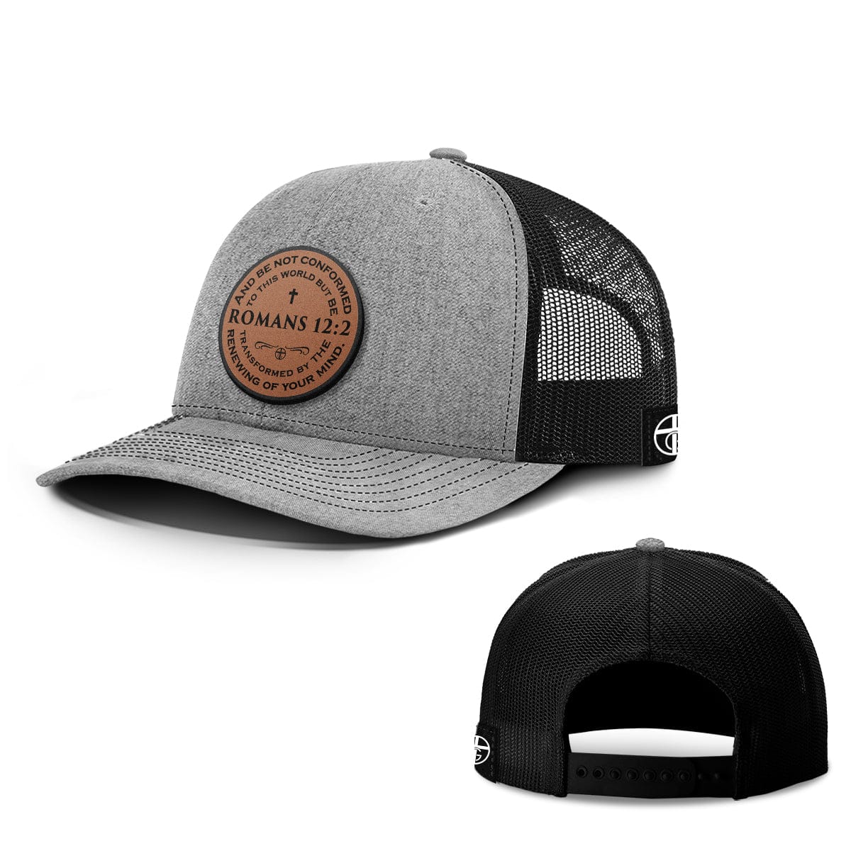 Our True God Hat Snapback / Heather and Black / One Size Romans 12:2 Circle Leather Patch Hats