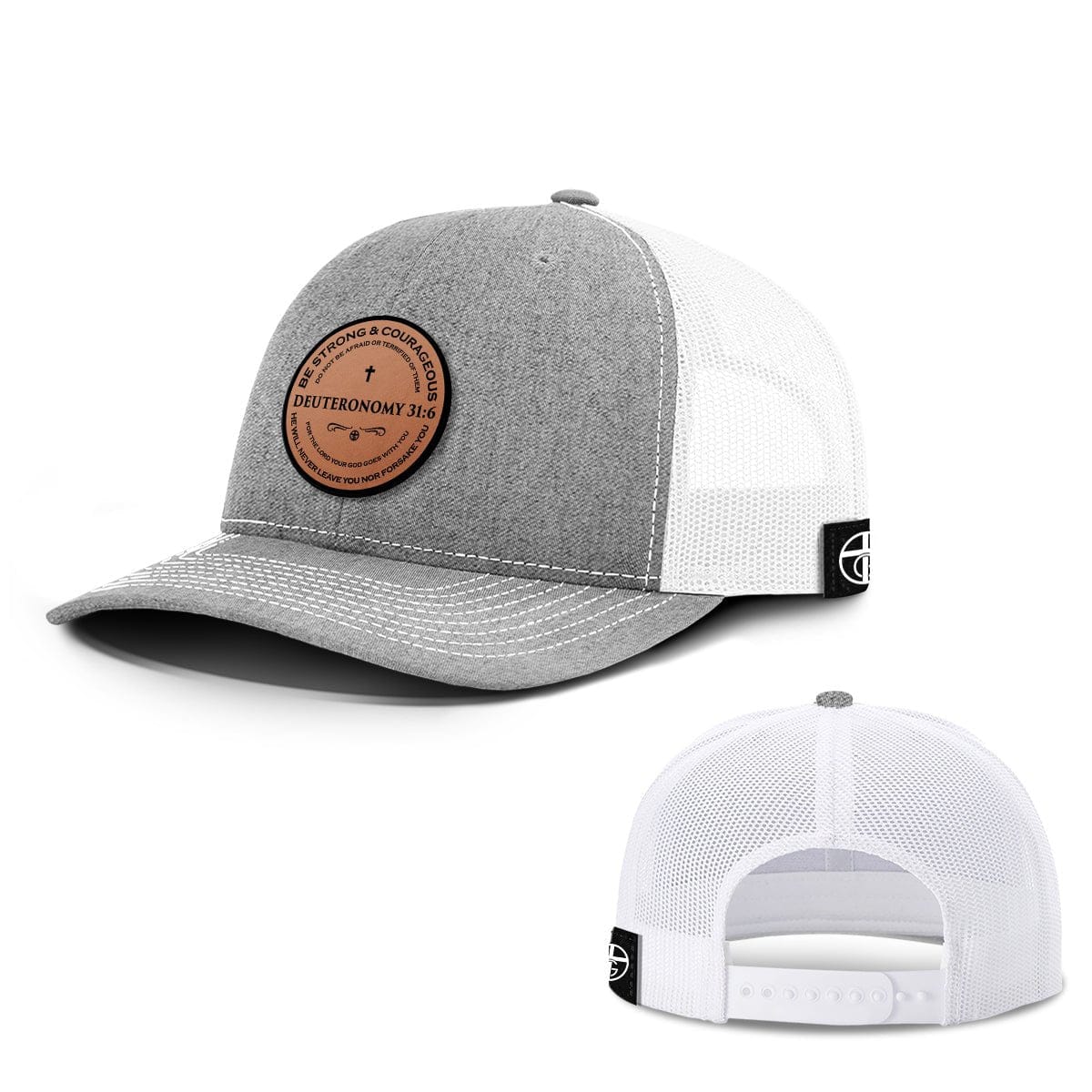 Our True God Hat Snapback / Heather and White / One Size Deuteronomy 31:6 Circle Leather Patch Hats