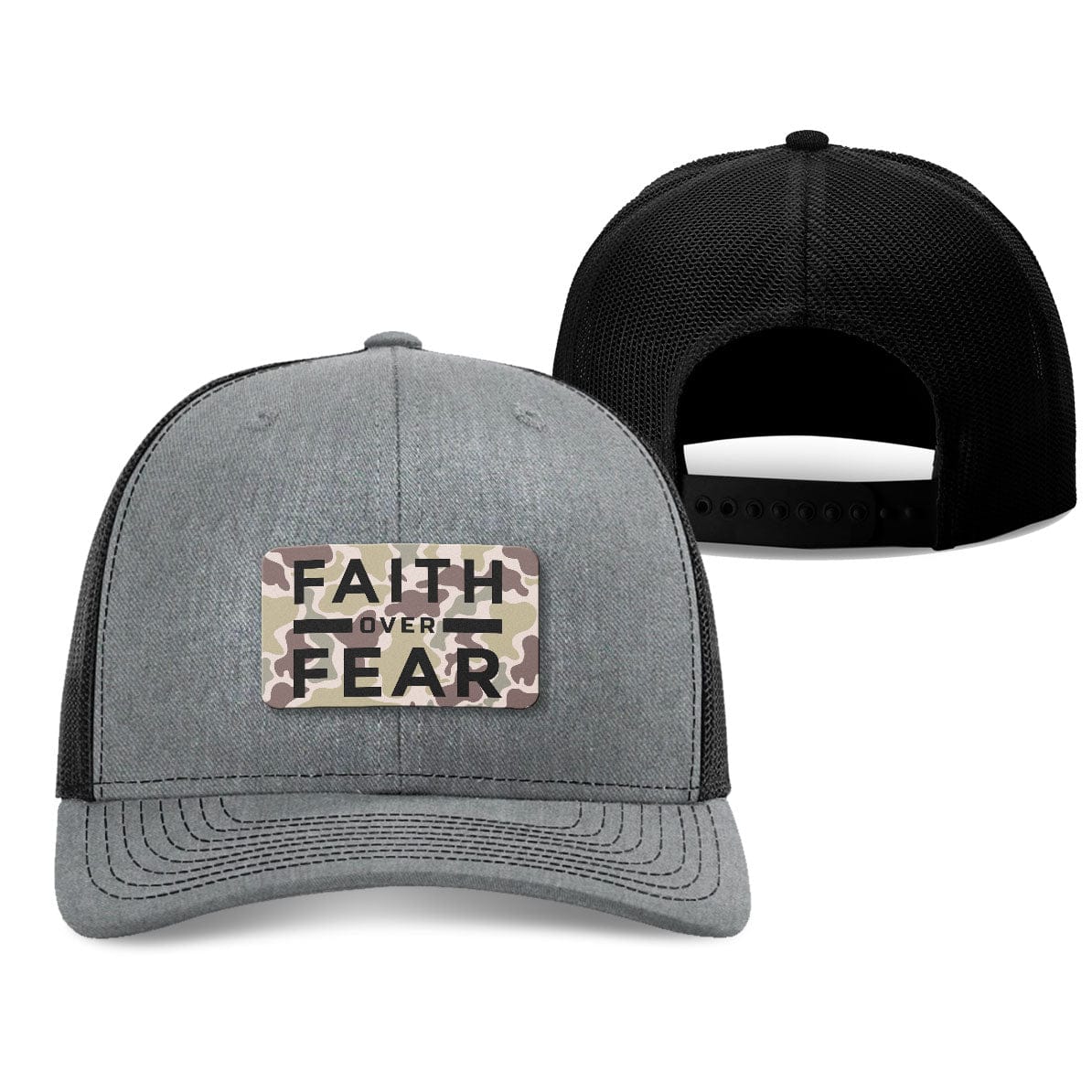 Our True God Hat Snapback / Heather Grey and Black / One Size Faith Over Fear Duck Camo Patch Fall Collection Hats