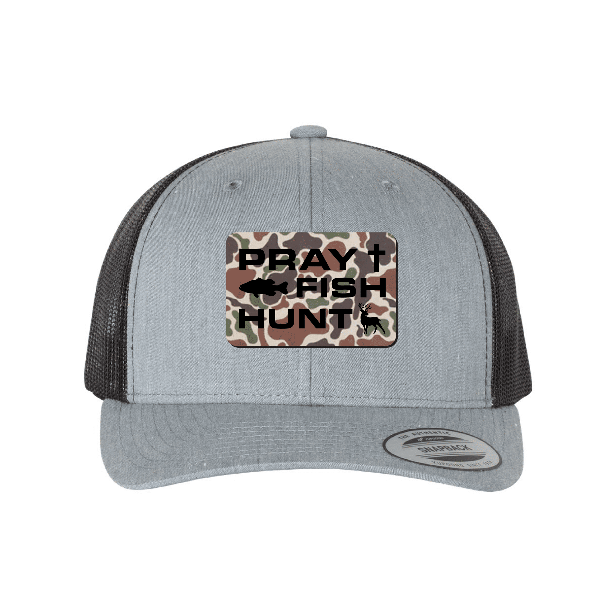 Our True God Hat Snapback / Heather Grey and Black / One Size Pray Fish Hunt Fowl Play Camo Patch Fall Collection Hats