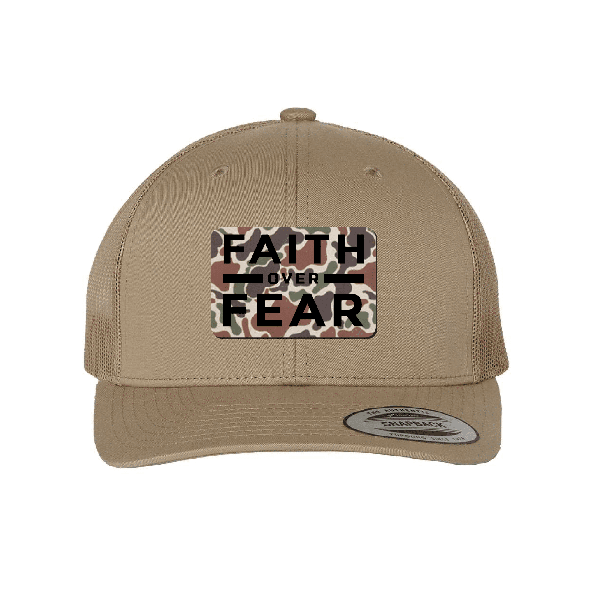 Our True God Hat Snapback / Khaki / One Size Faith Over Fear Fowl Play Camo Patch Fall Collection Hats