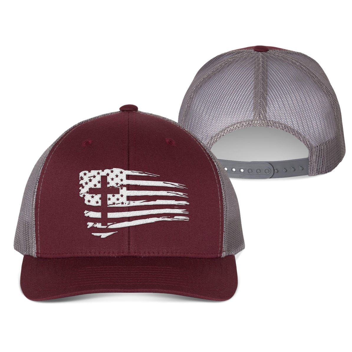 Our True God Hat Snapback / Maroon and Grey / One Size Tattered Flag Cross Fall Collection Hats