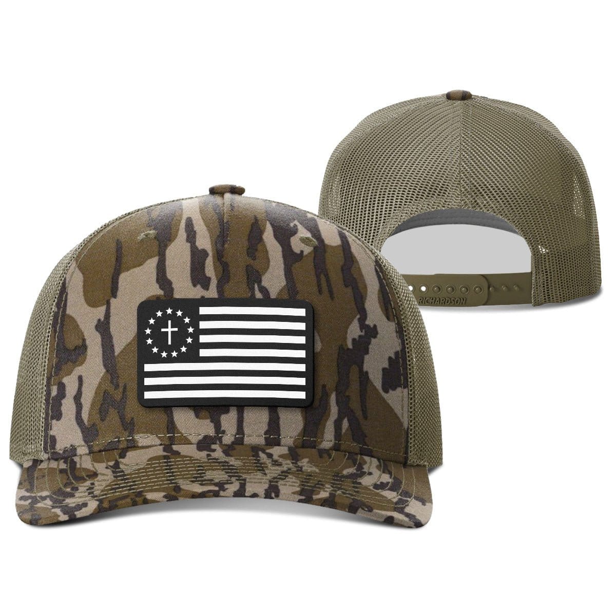 Our True God Hat Snapback / Mossy Oak Bottomland and Loden / One Size One Nation Under God White Leather Patch Hunting Hats