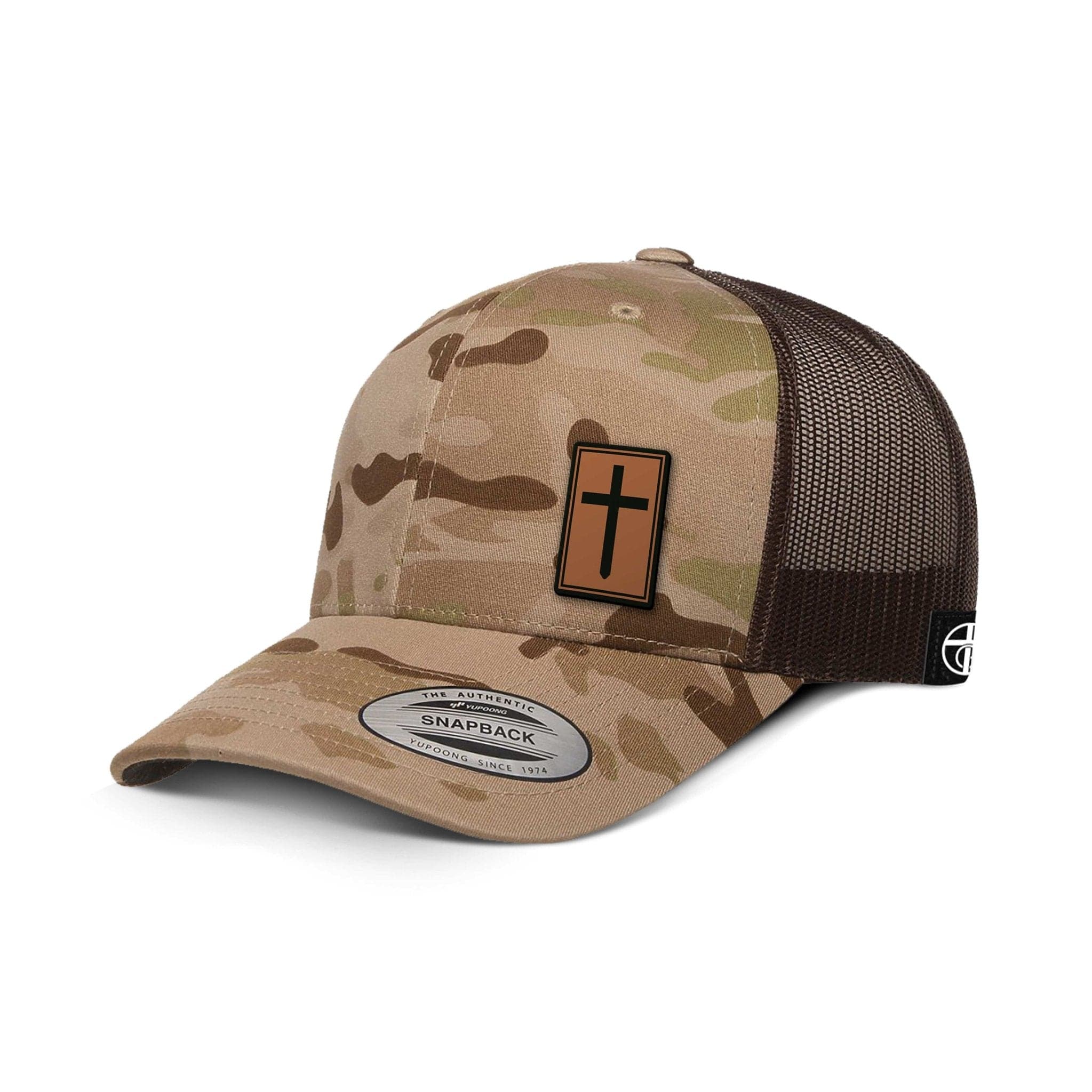 Our True God Hat Snapback / Multicam arid and Brown / One Size Cross Leather Patch Camo Hats