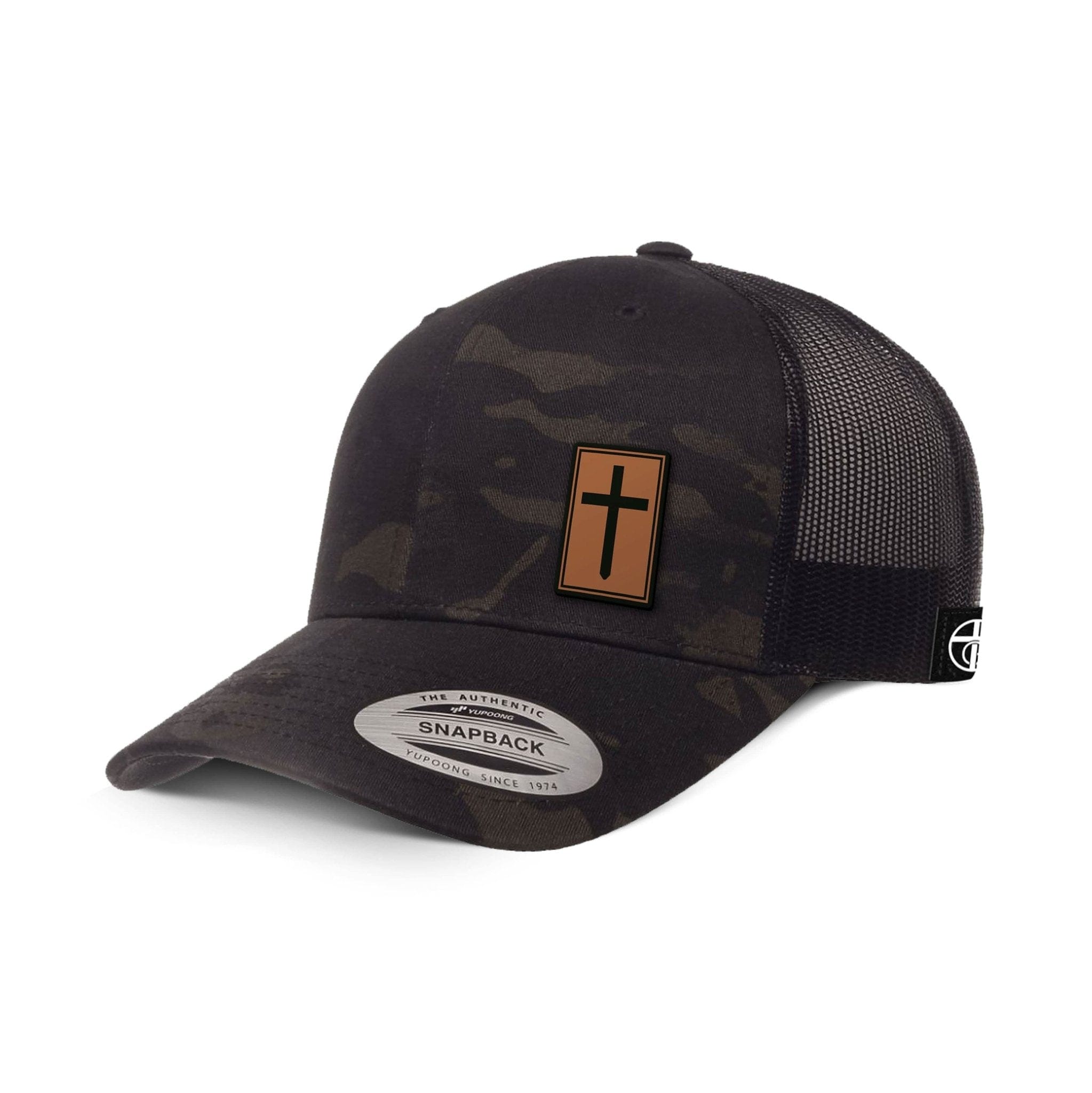 Our True God Hat Snapback / Multicam Black and Black / One Size Cross Leather Patch Camo Hats