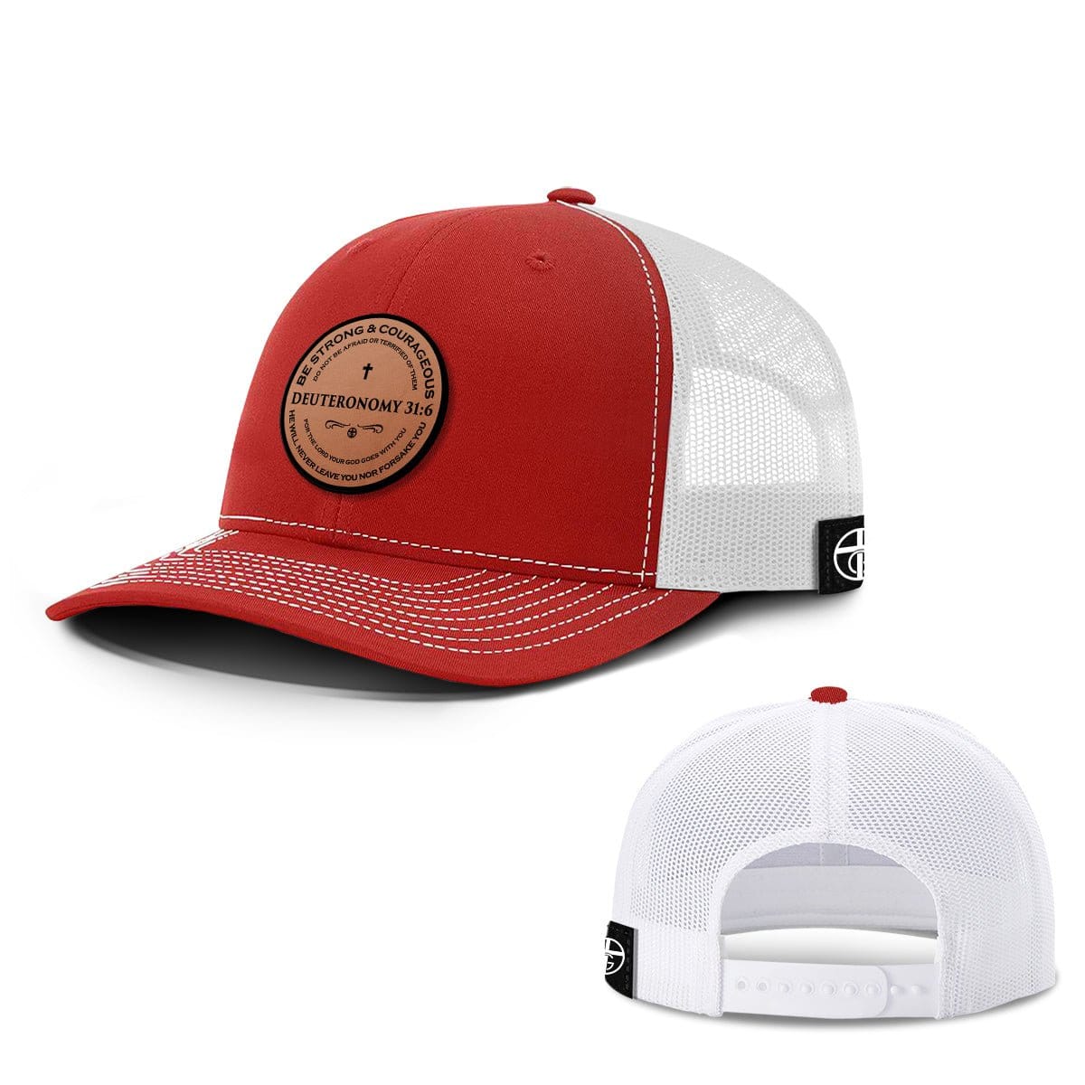 Our True God Hat Snapback / Red And White / One Size Deuteronomy 31:6 Circle Leather Patch Hats