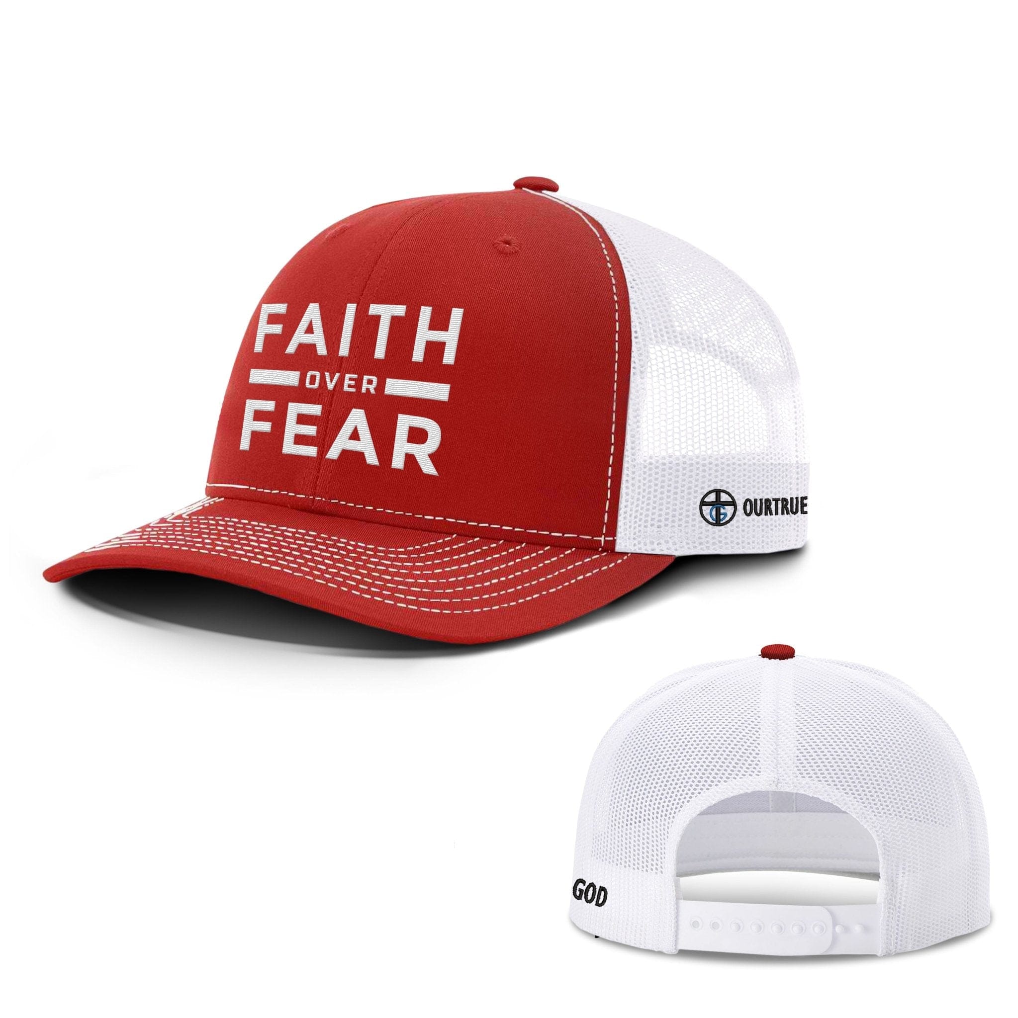 Our True God Hat Snapback / Red And White / One Size Faith Over Fear Richardson Hats