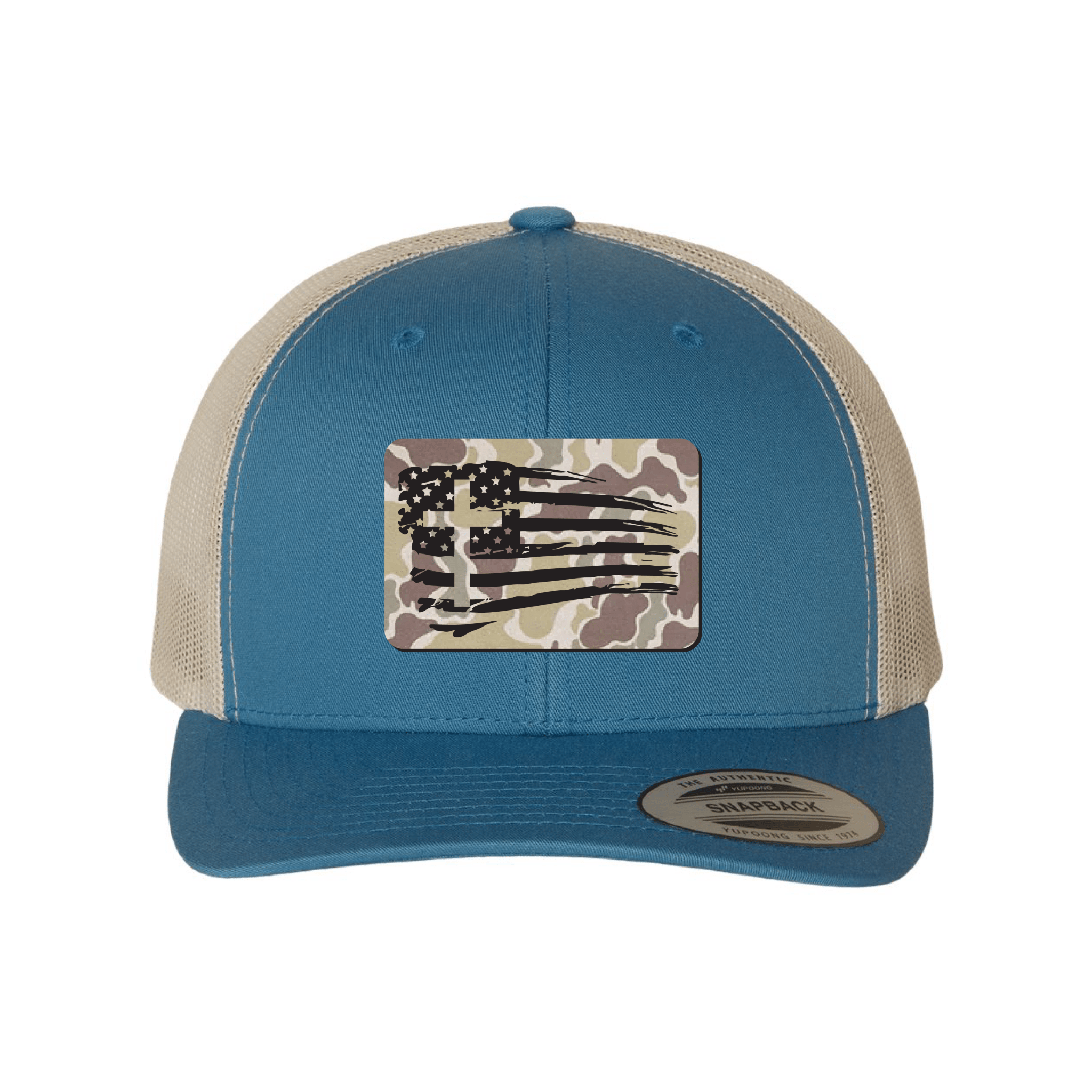 Our True God Hat Snapback / Steel Blue and Silver / One Size Tattered Flag Cross Duck Camo Patch Fall Collection Hats